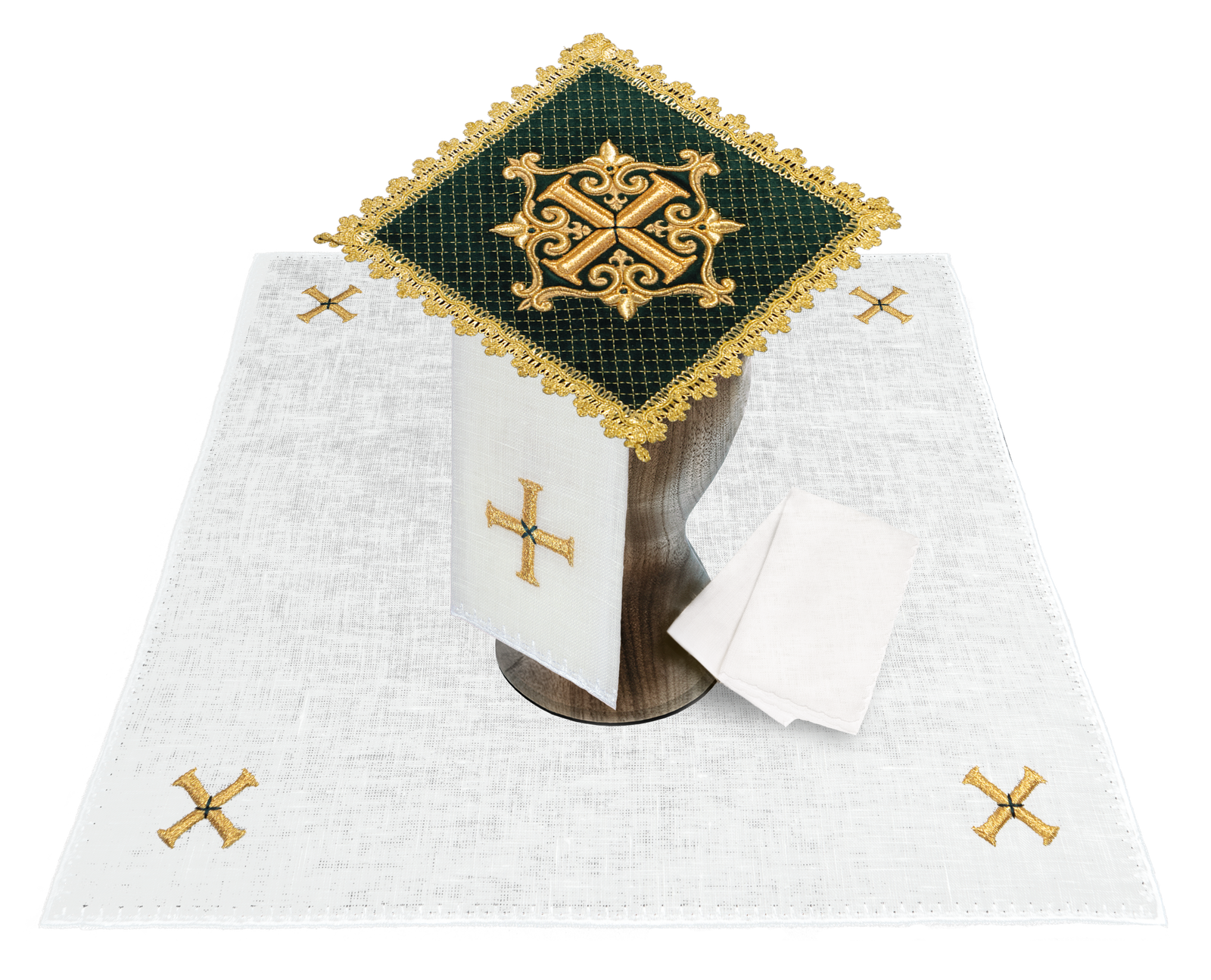 Altar linen set made from green velvet fabric with gold cross