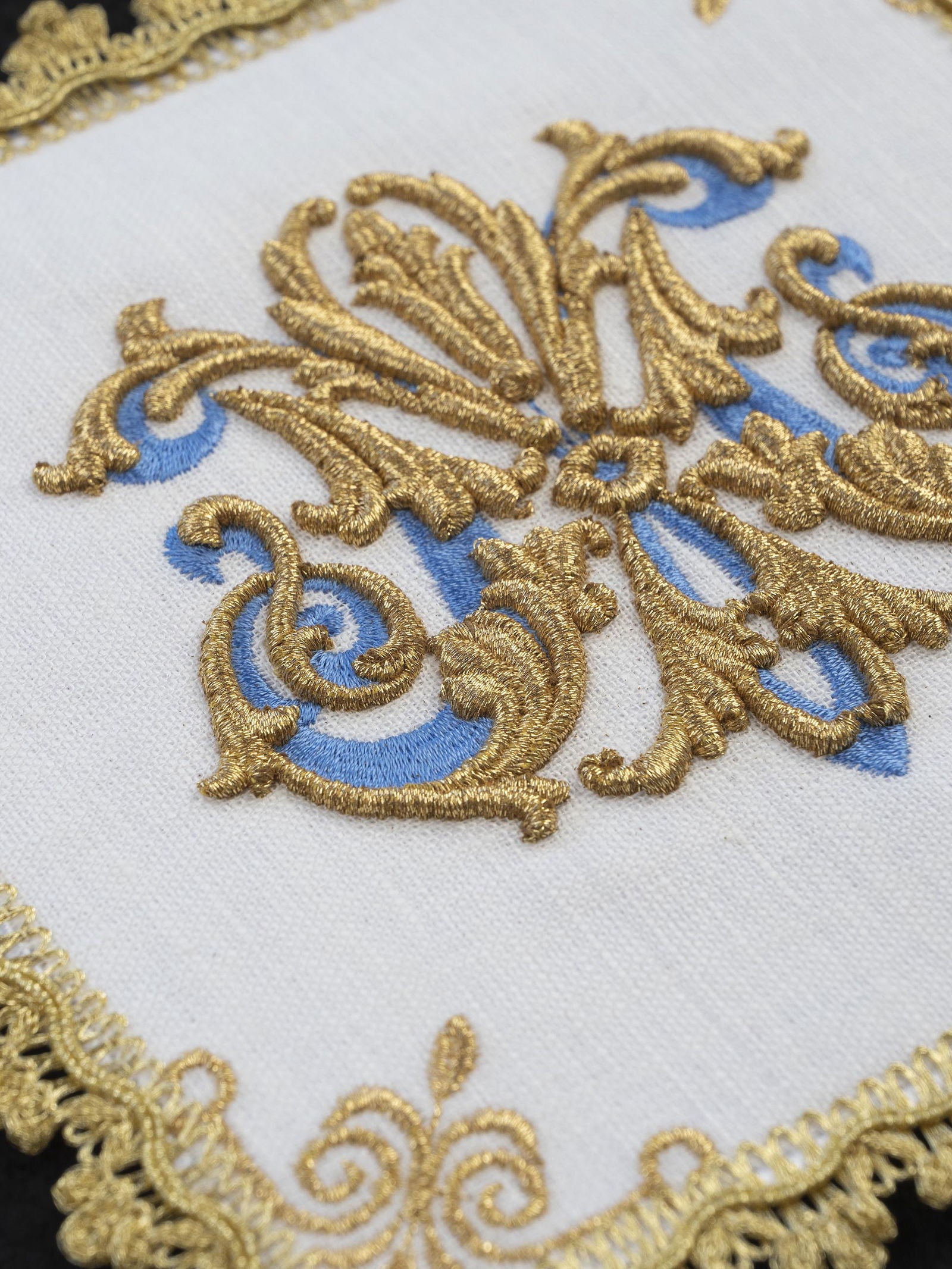 Embroidered Chalice Linens with pall and Marian Symbol