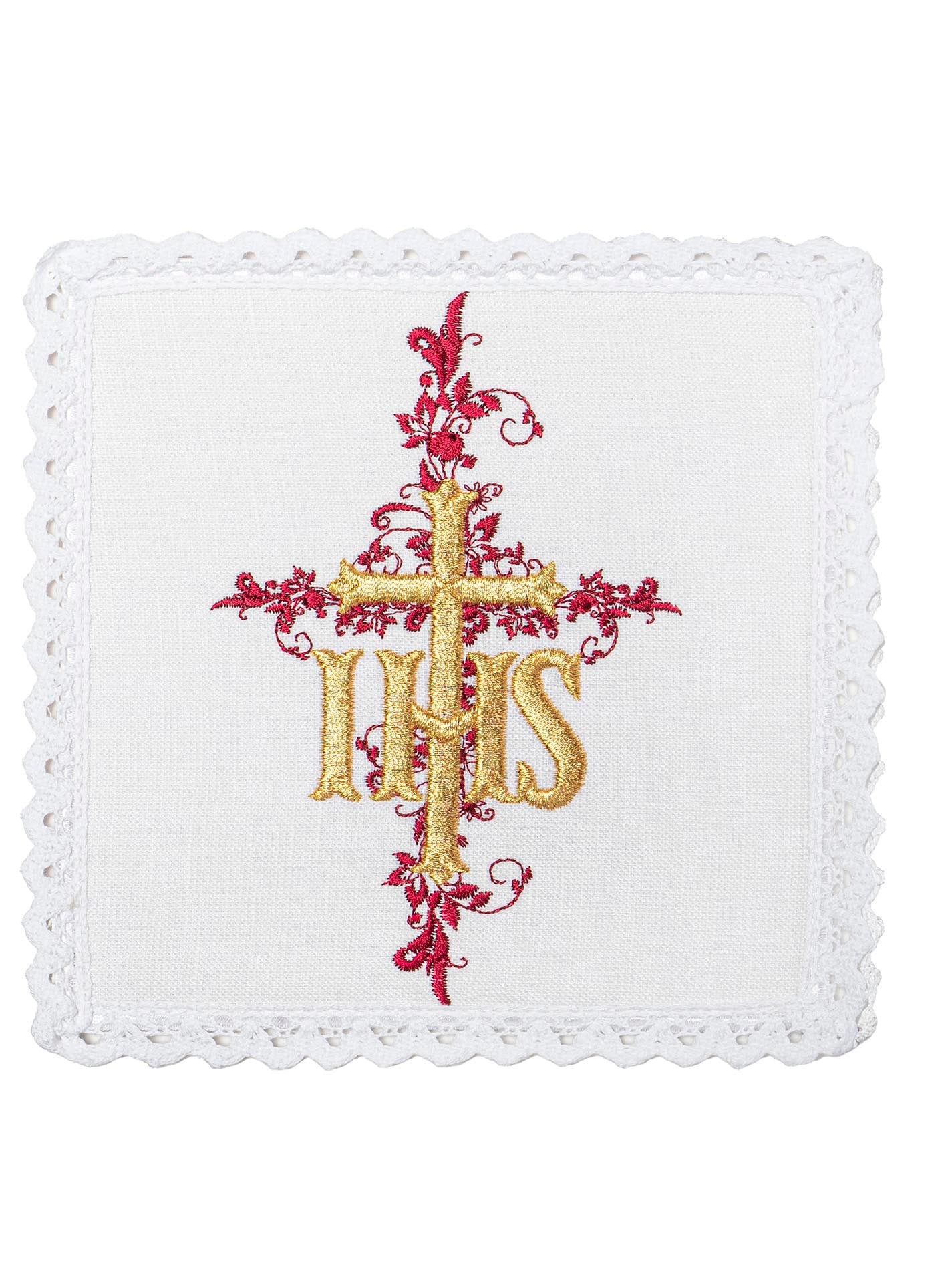 Mass linen chalices set with red cross and gold IHS