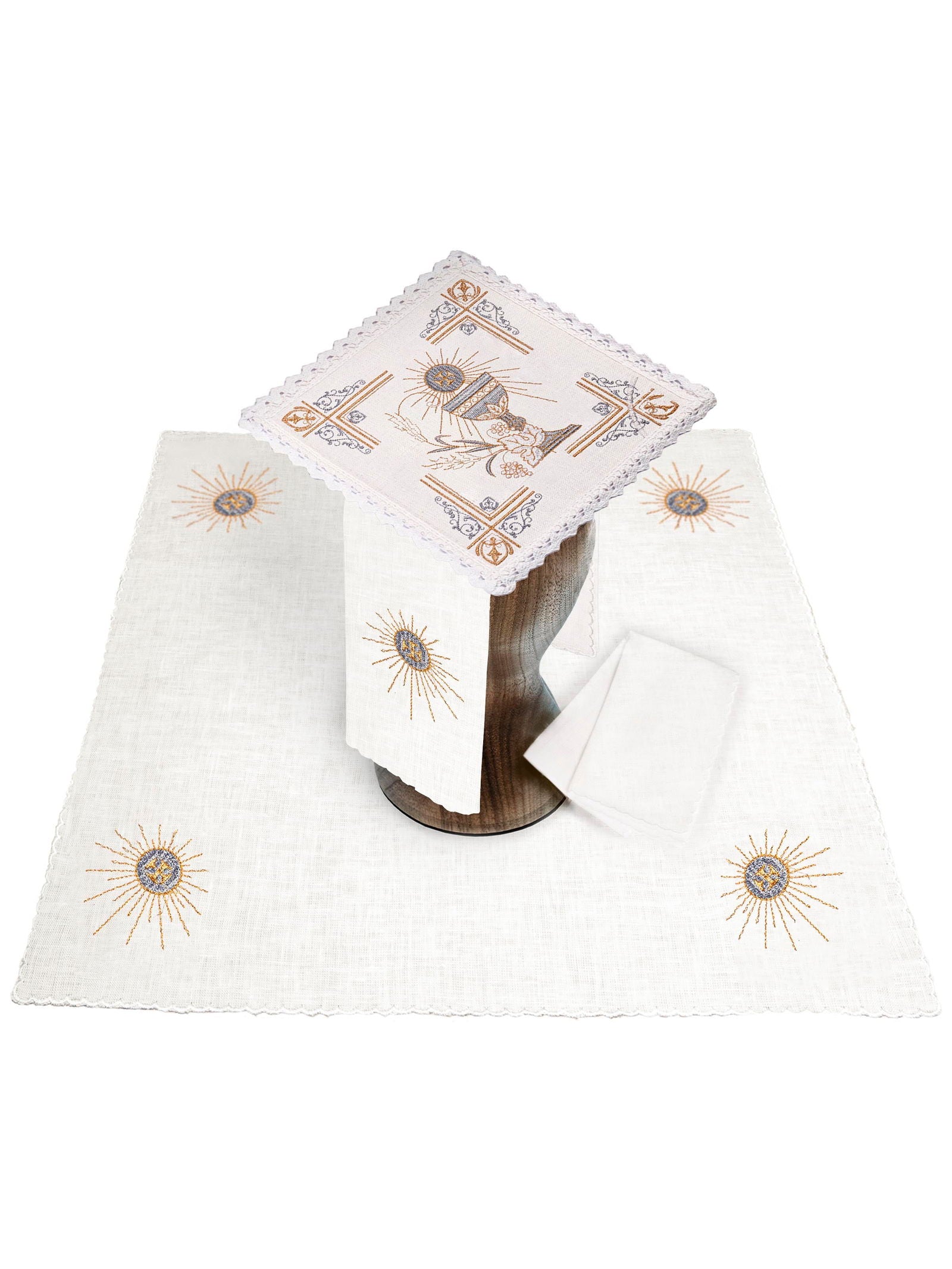 Altar linens set with silver chalice and IHS embroidery