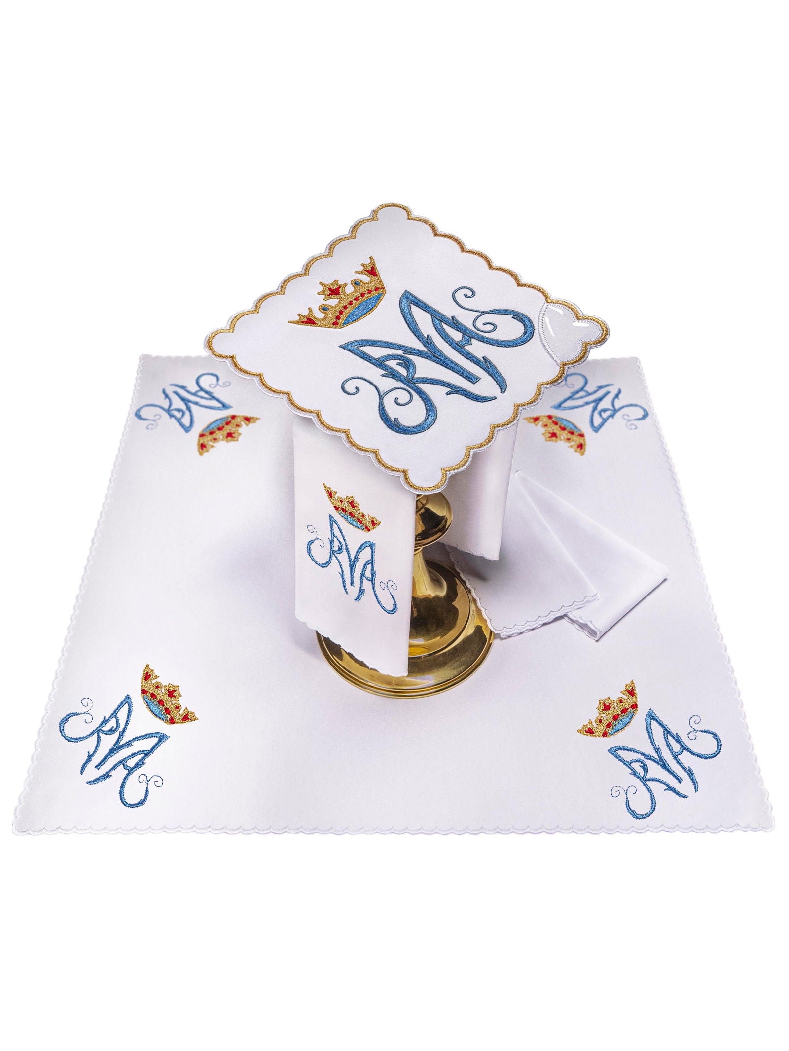 Chalice Linens with blue and gold Marian symbol