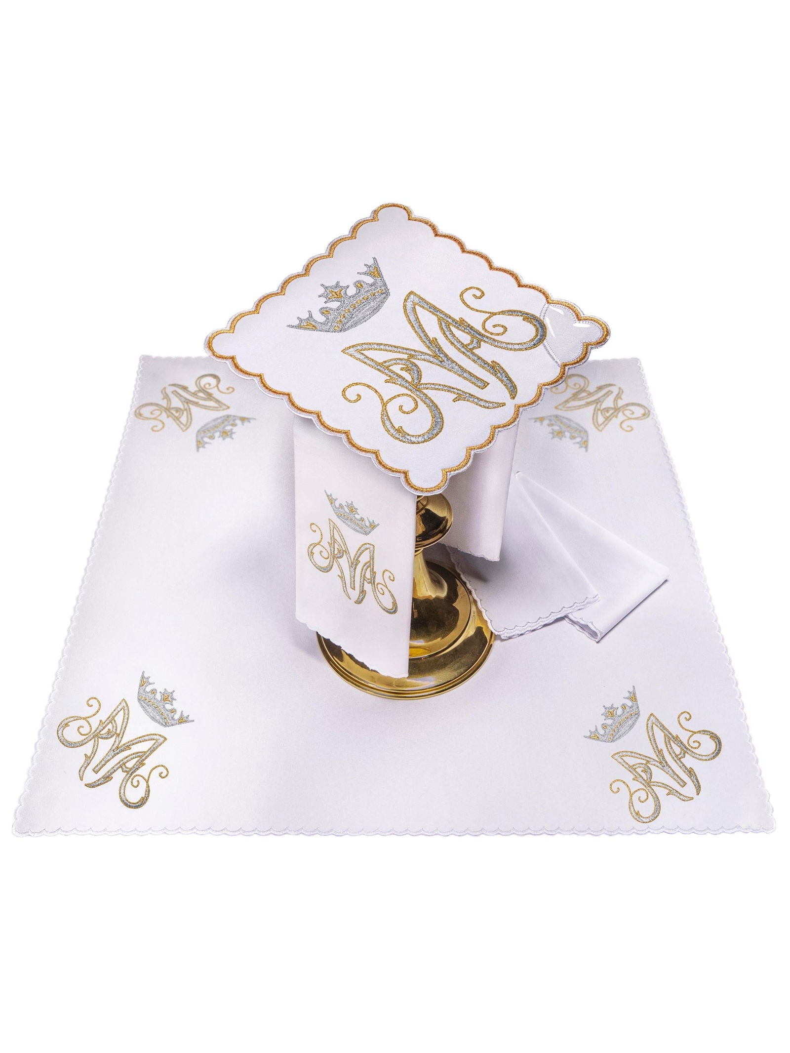 Chalice Linens with gold and silver Marian Embroidery