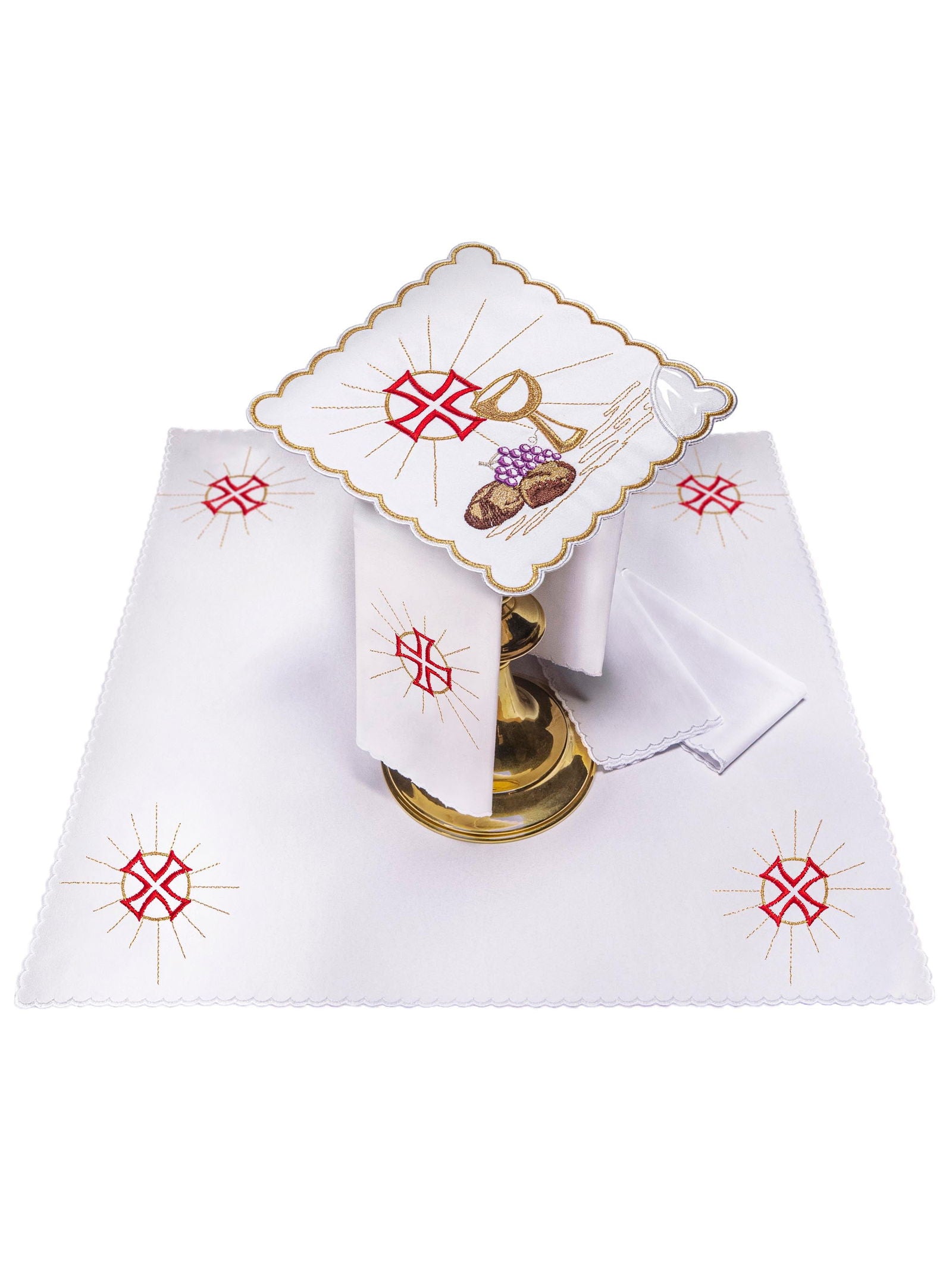 Chalice Linens with red cross, bread and wine motifs