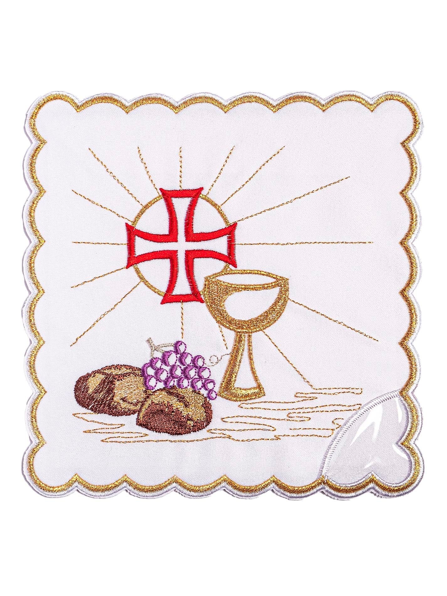 Chalice Linens with red cross, bread and wine motifs