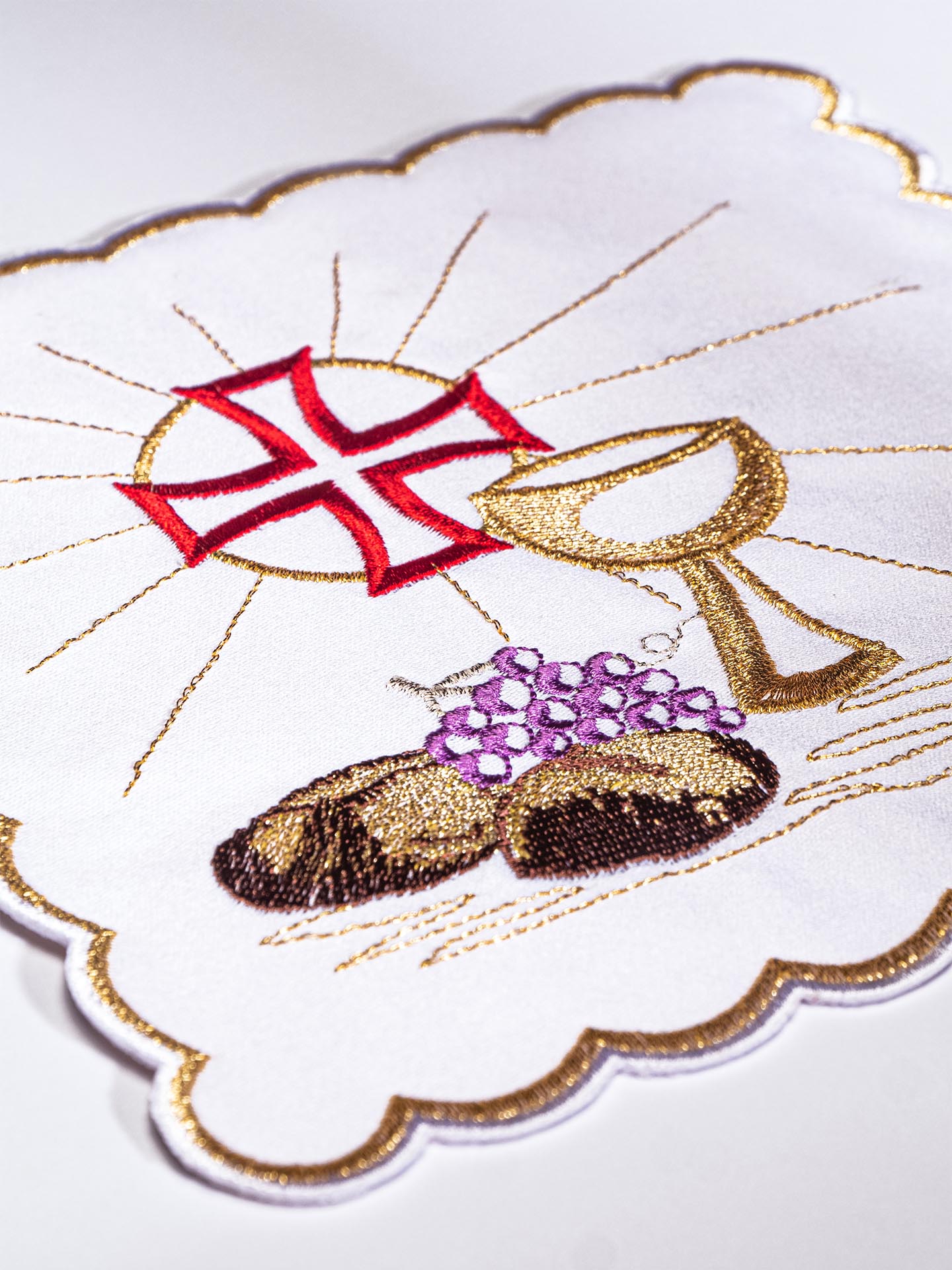 Chalice Linens with red cross, bread and wine motifs