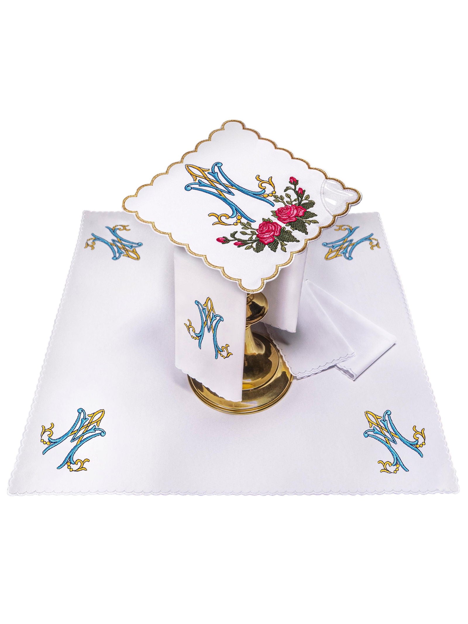 Chalice Linens with red and blue Marian Embroidery