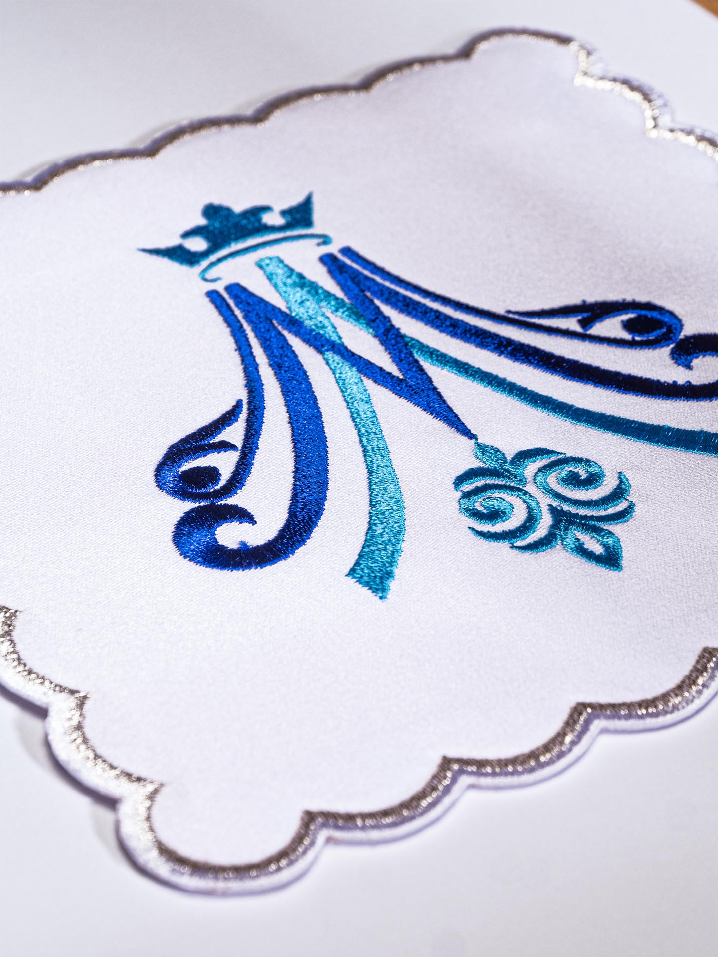 Chalice Linens with Gold-and-Blue Marian Embroidery