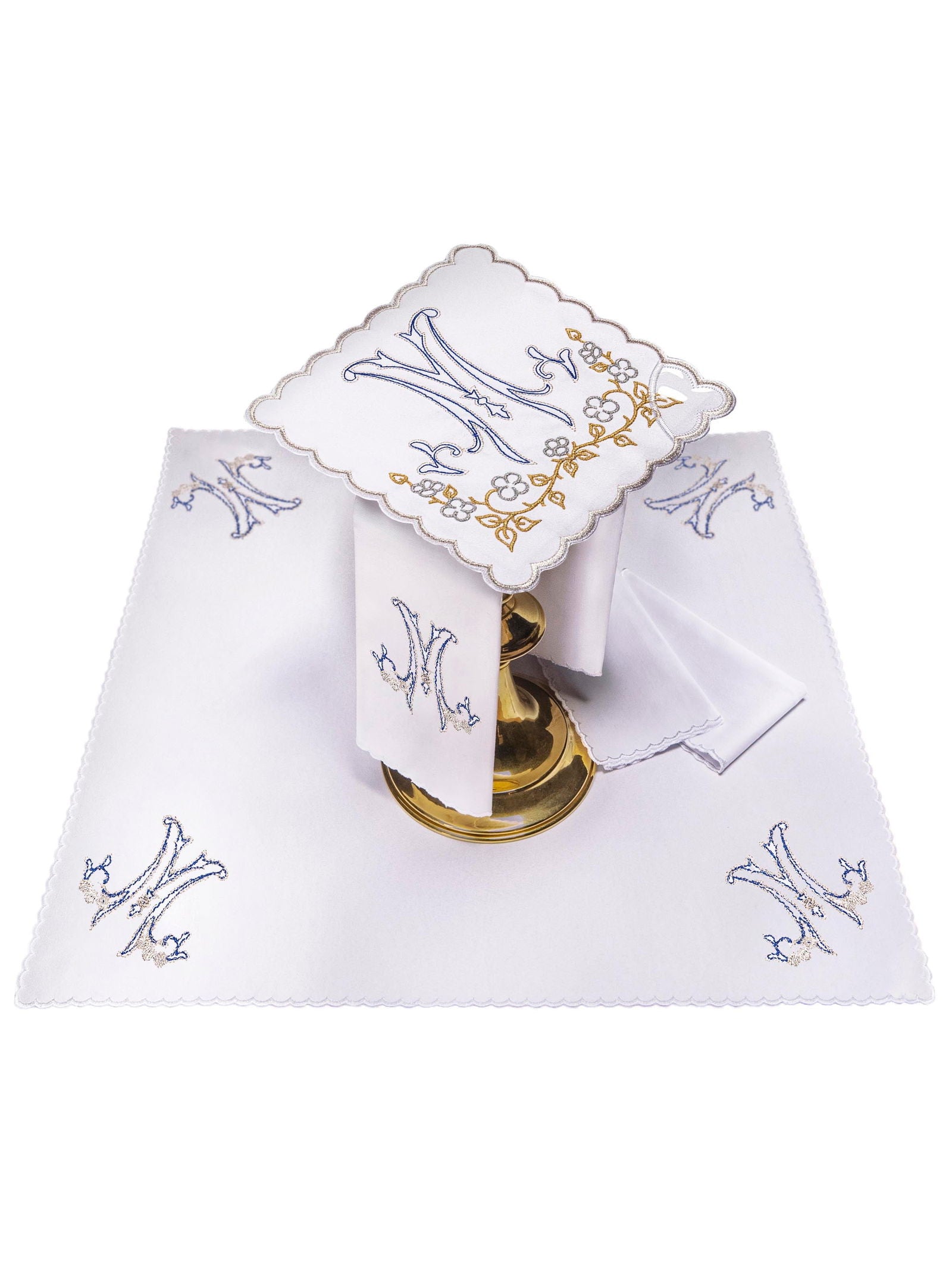 Chalice Linens in cotton with blue Marian symbol