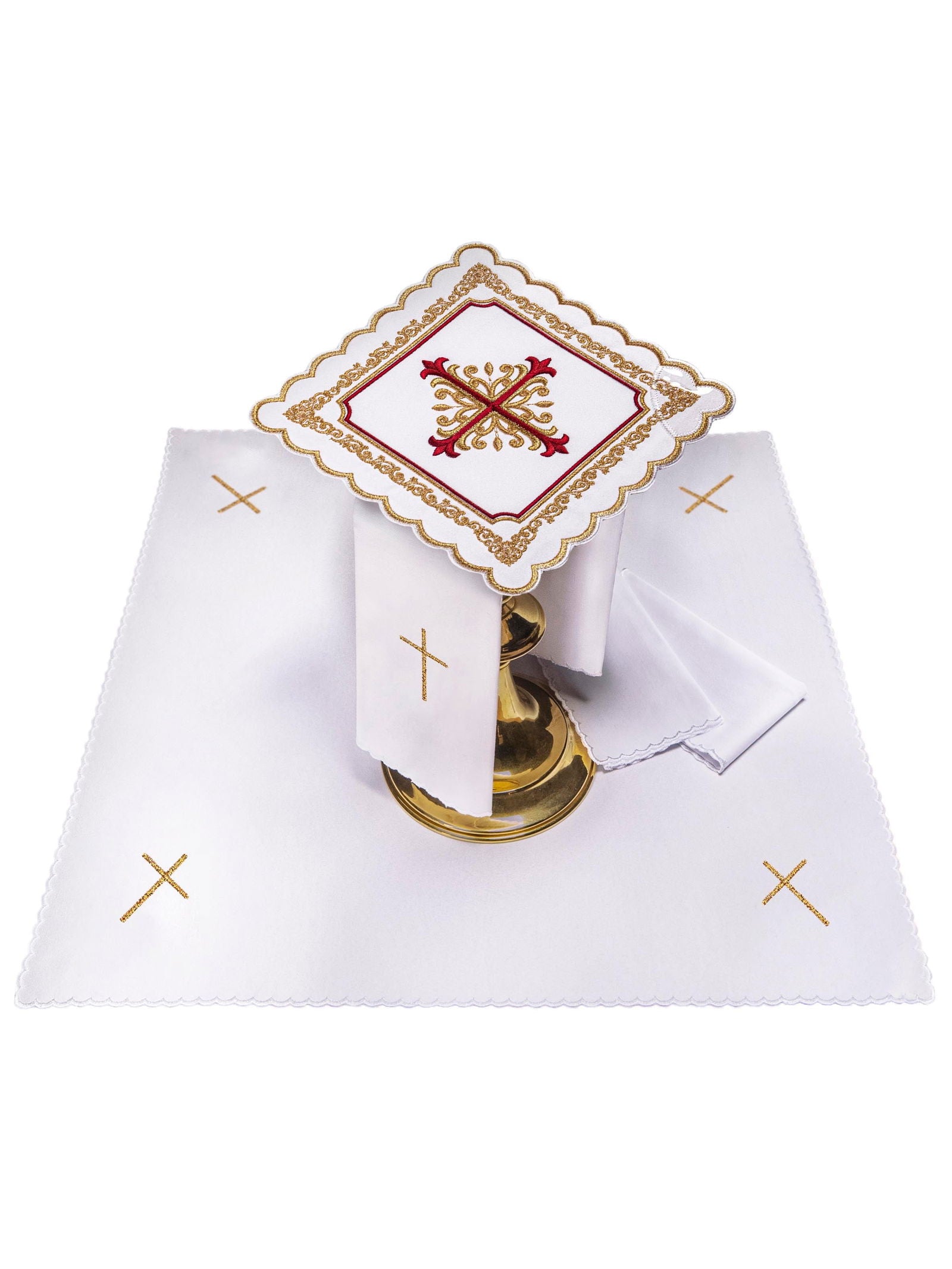 Chalice linens with gold and red cross embroidery