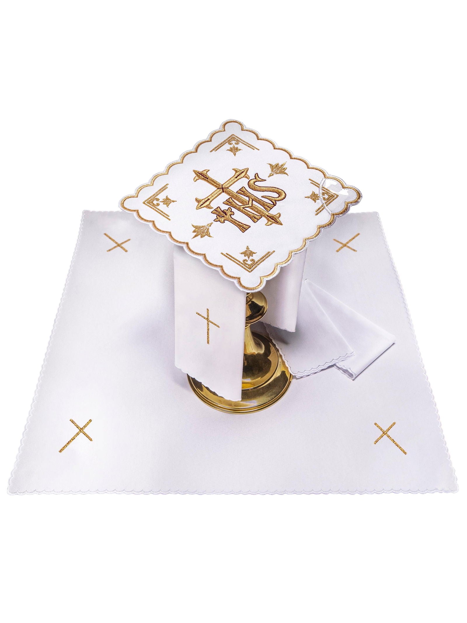 Chalice linens with a gold IHS motif