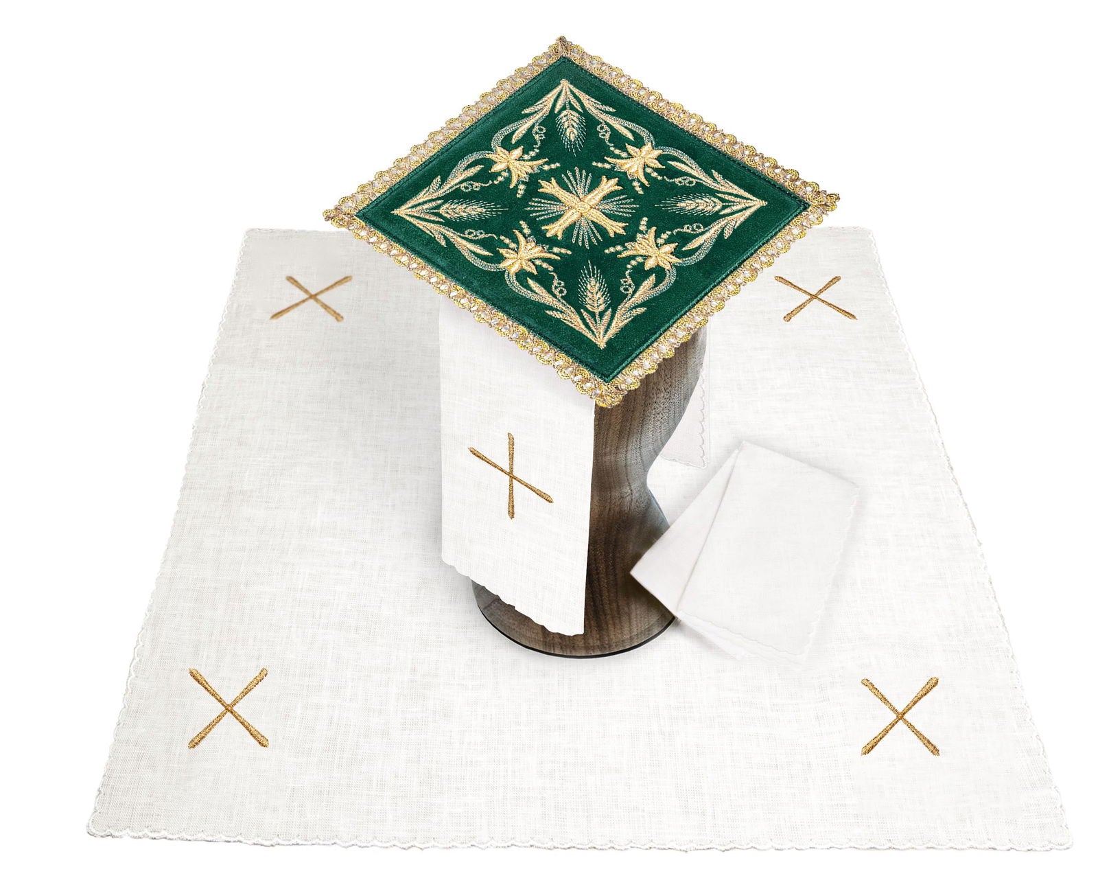 Green Chalice Linen with gold cross and natural linen accessories - HAFTINAUSA.COM