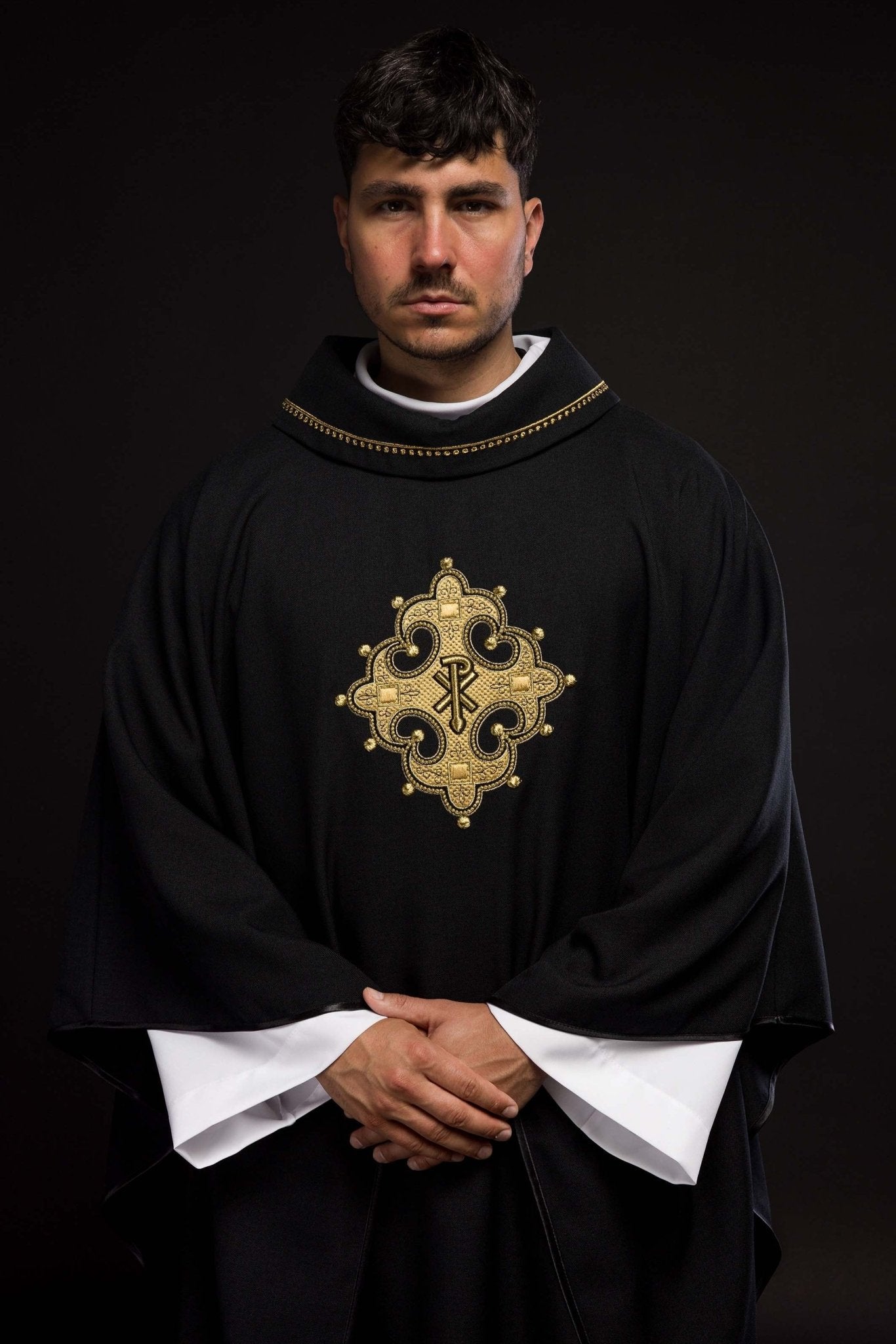 Black chasuble with gold PAX symbol S - 7065 - 07 - 70 - HAFTINAUSA.COM