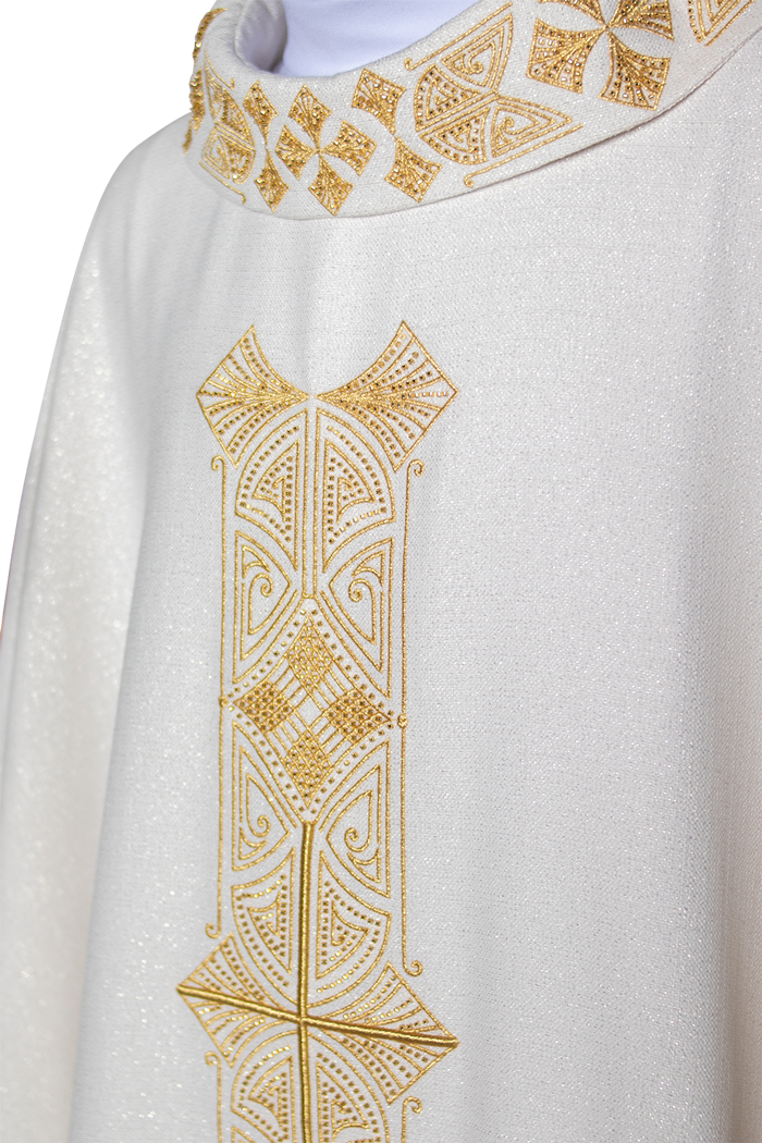 Shiny chasuble with richly adorned gold embroidery