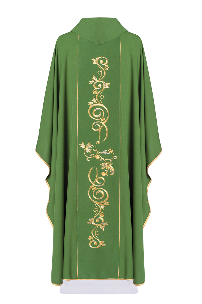 Green chasuble with the symbol of IHS