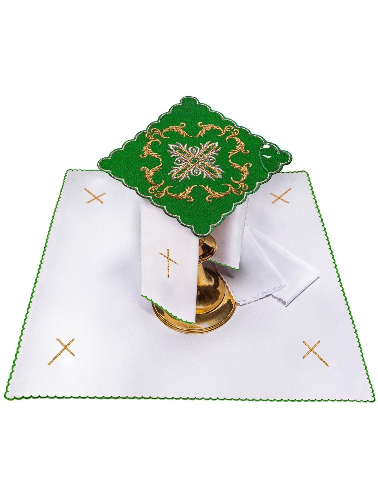 Chalice linens in green with silver cross KK/151/01 - HAFTINAUSA.COM