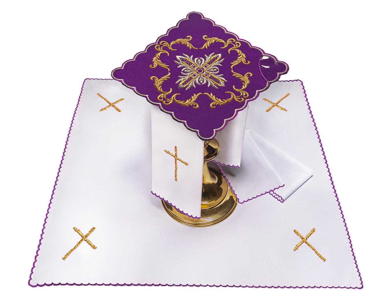 Chalice linens in purple with silver cross KK/151/03 - HAFTINAUSA.COM