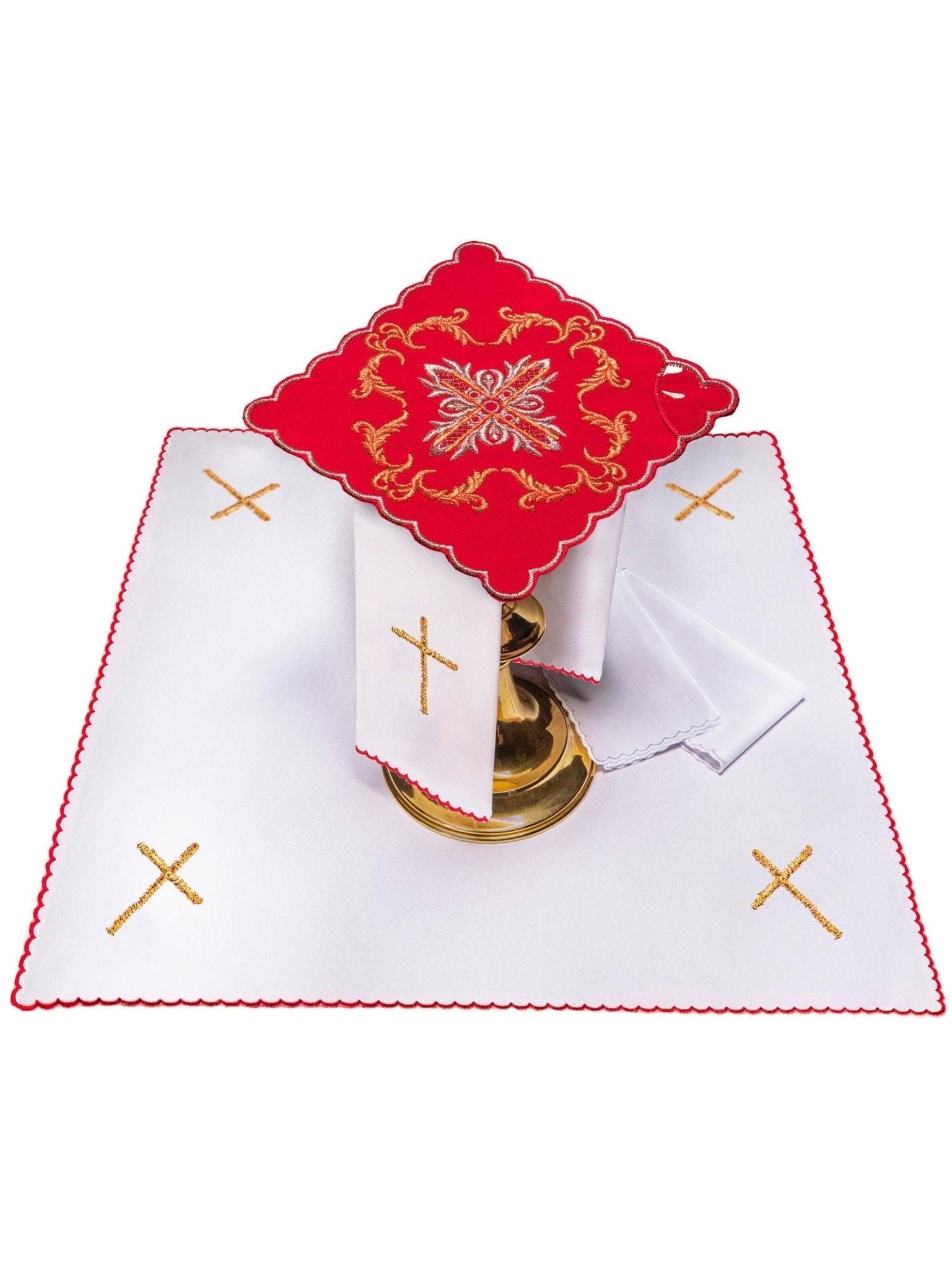Chalice linens in red with silver cross KK/151/02 - HAFTINAUSA.COM