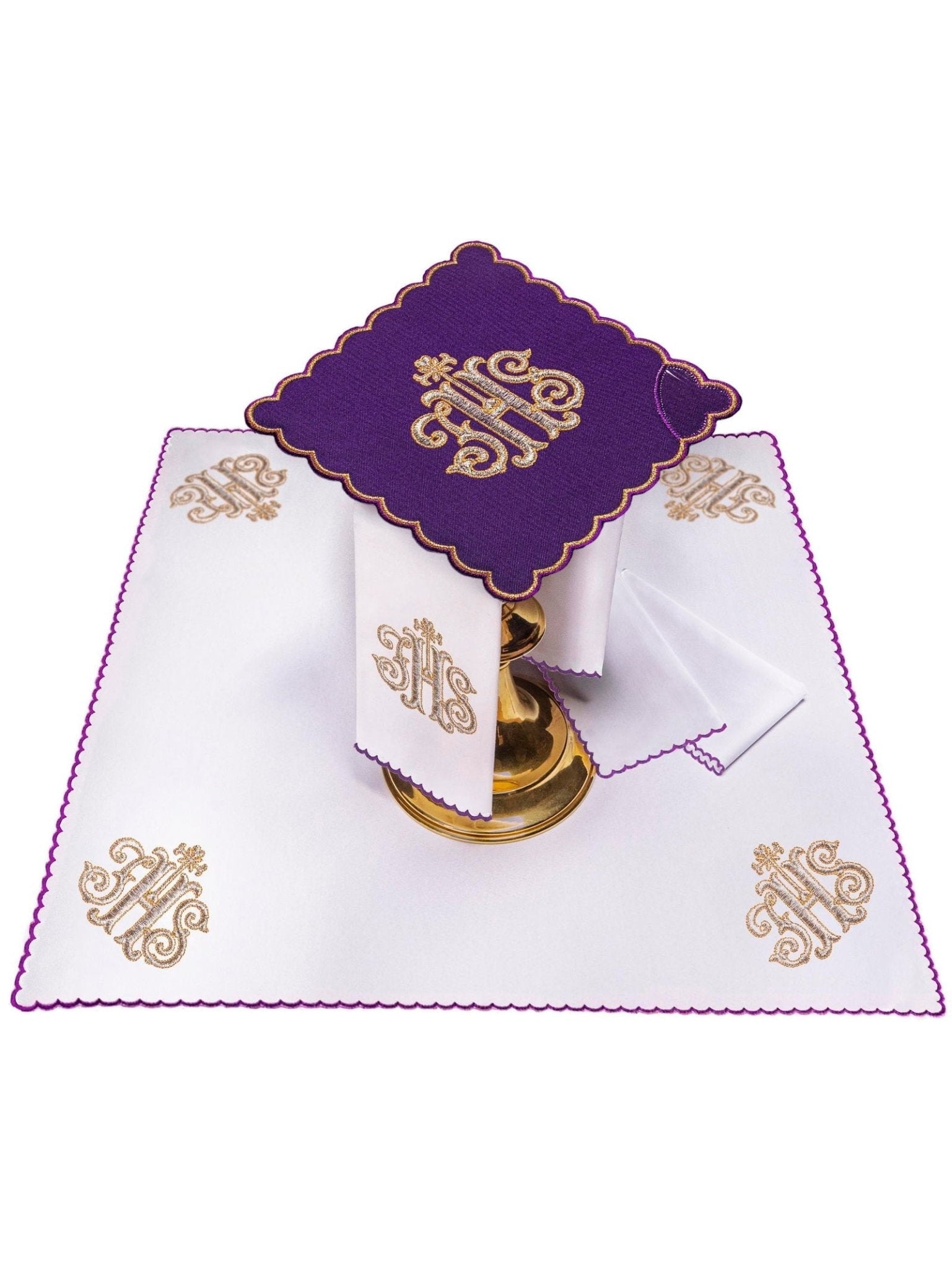 Chalice Linens set in Purple with IHS KK/072/03 - HAFTINAUSA.COM