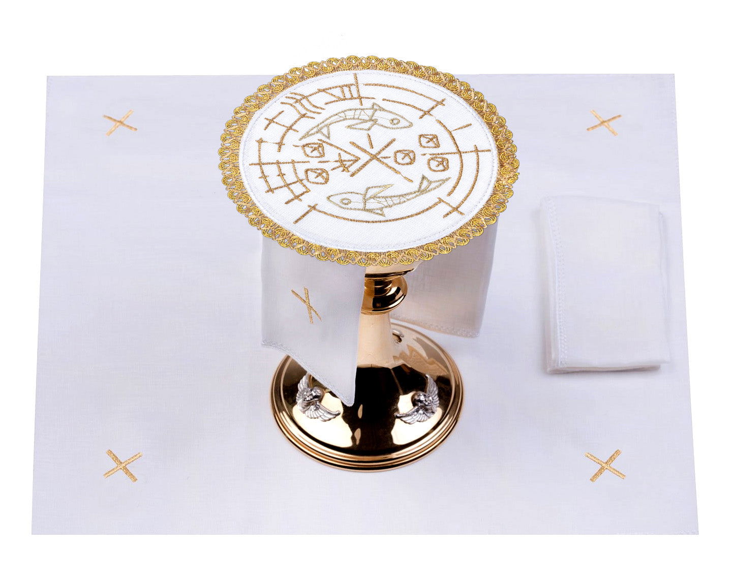 Chalice linens set with motif of fish, bread and cross round pall S - 5023 - HAFTINAUSA.COM