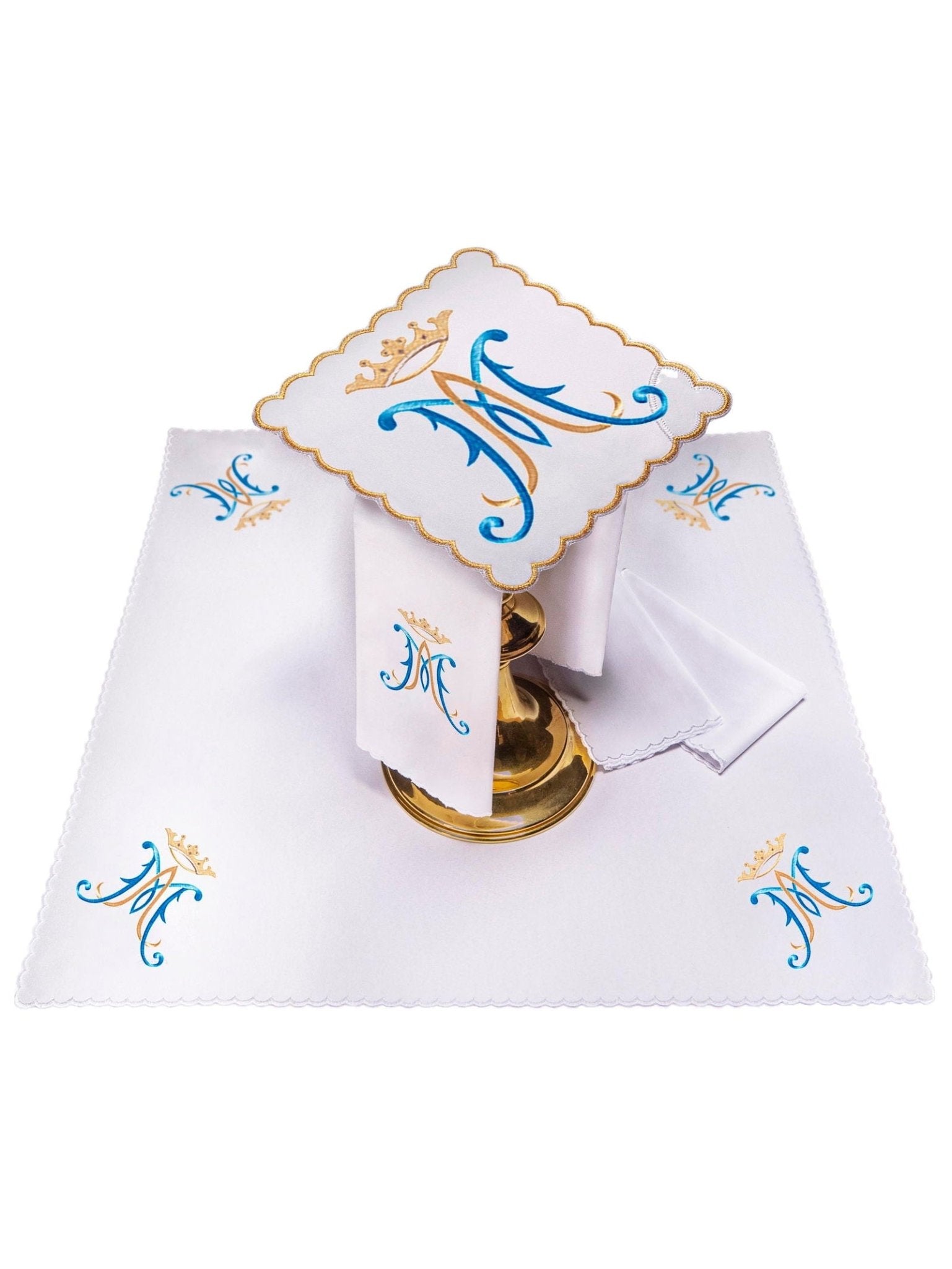 Chalice Linens with blue marian symbol KK/183 - HAFTINAUSA.COM