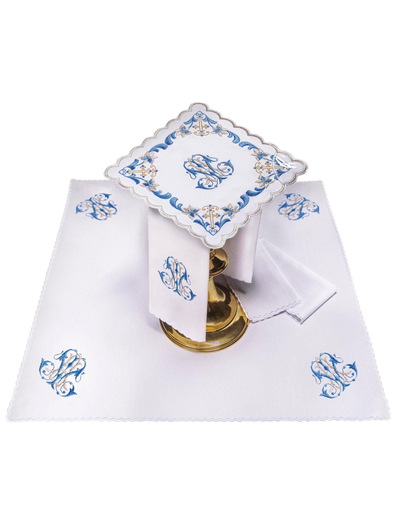 Chalice Linens with Blue Trim and Marian Embroidery KK/092 - HAFTINAUSA.COM