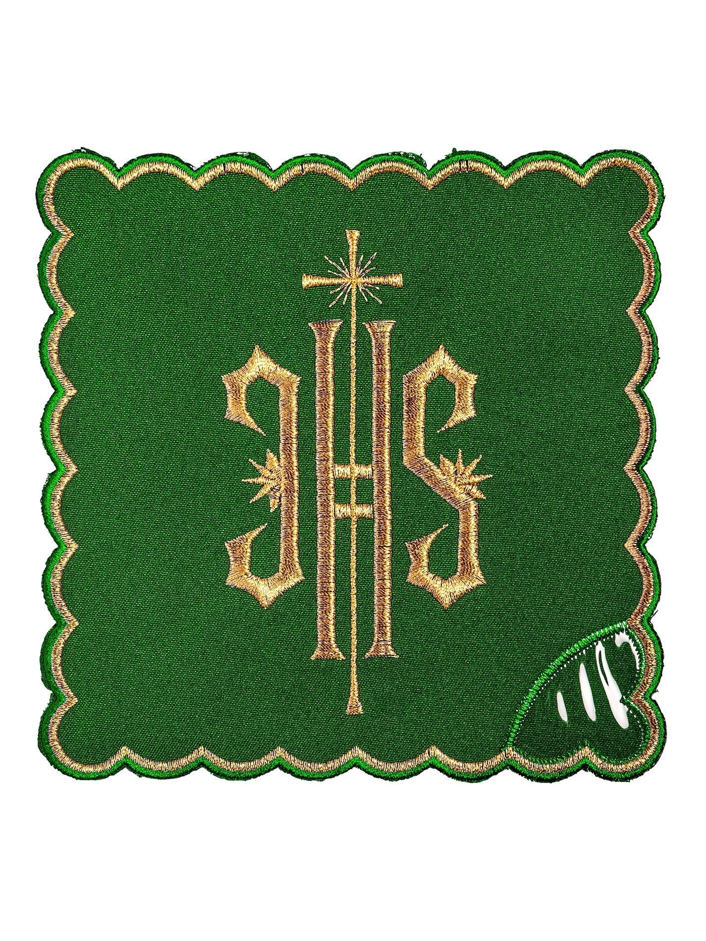 Chalice Set with green Pall and dimensional JHS embroidery KK/029/01 - HAFTINAUSA.COM