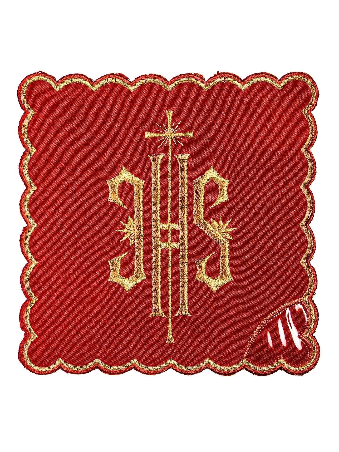 Chalice Set with red Pall and dimensional JHS embroidery KK/029/02 - HAFTINAUSA.COM