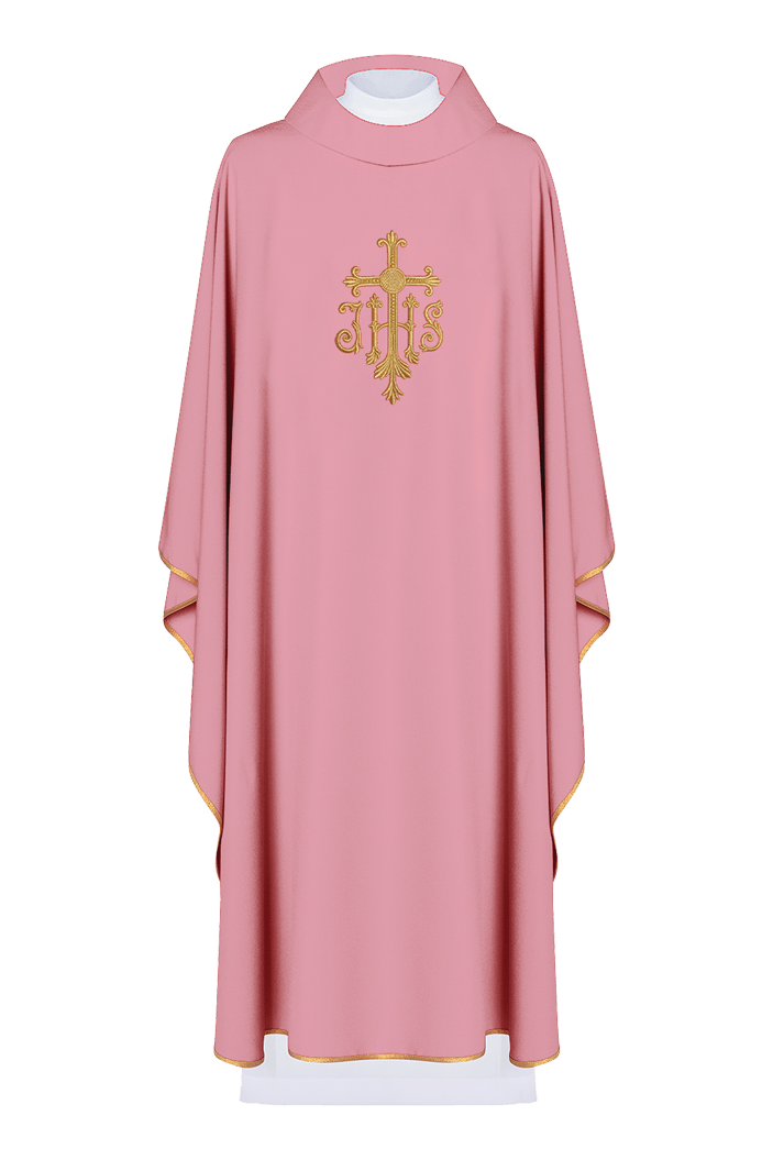 Chasuble embroidered with IHS symbol in pink KOR/255/08/12 - HAFTINAUSA.COM