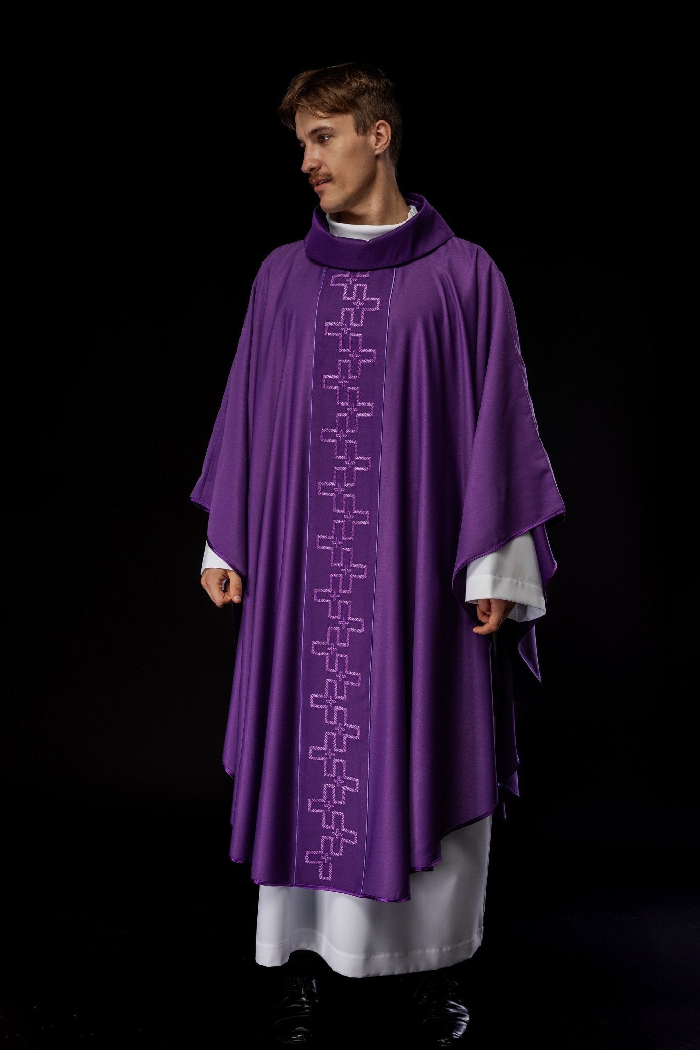 Chasuble with richly embroidered orphrey in embroidery of crosses in purple color S - 7060 - 03 - 53 - HAFTINAUSA.COM
