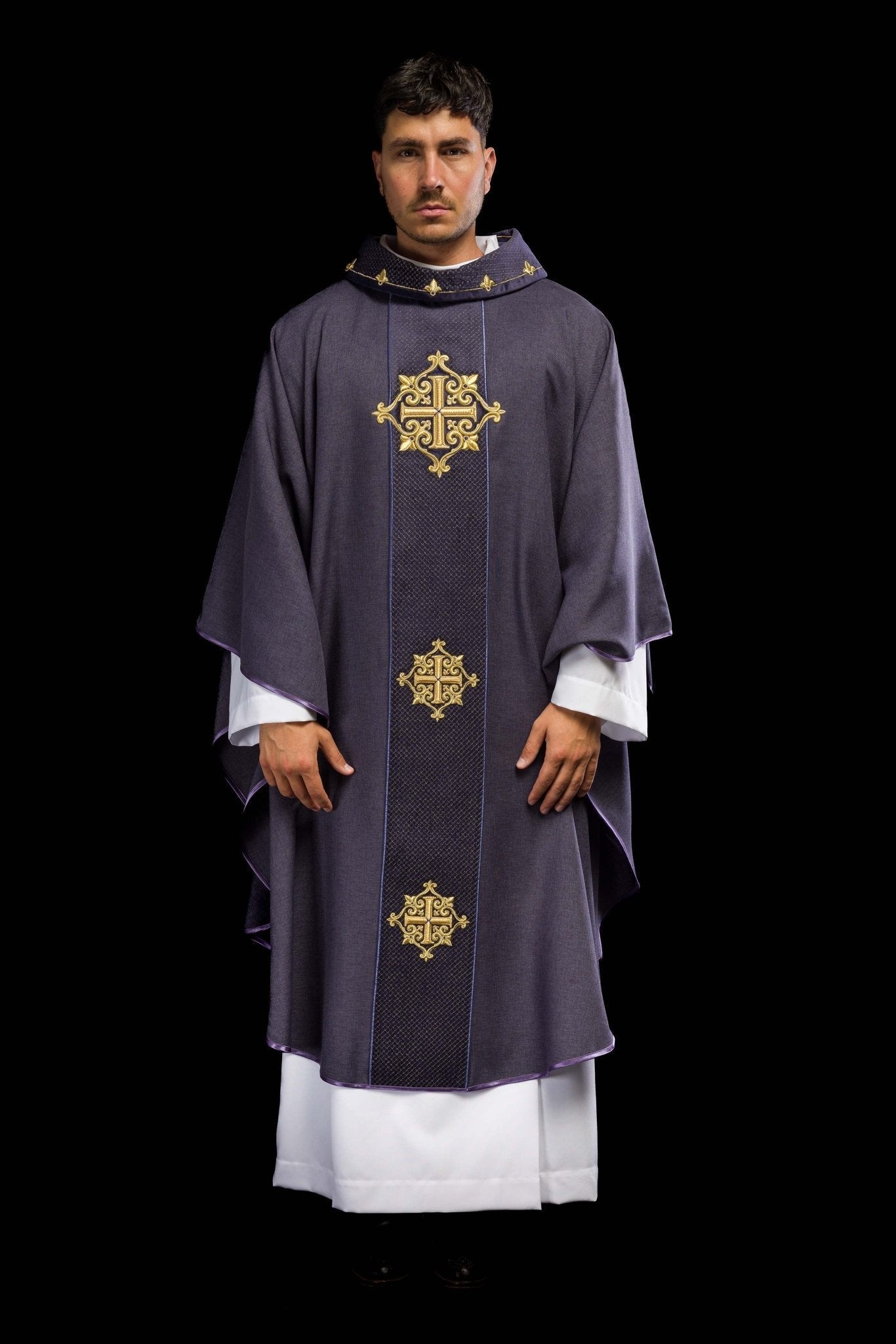 Chasuble with Velvet Purple Band and Cross Embroidery LE/7030/03 - HAFTINAUSA.COM