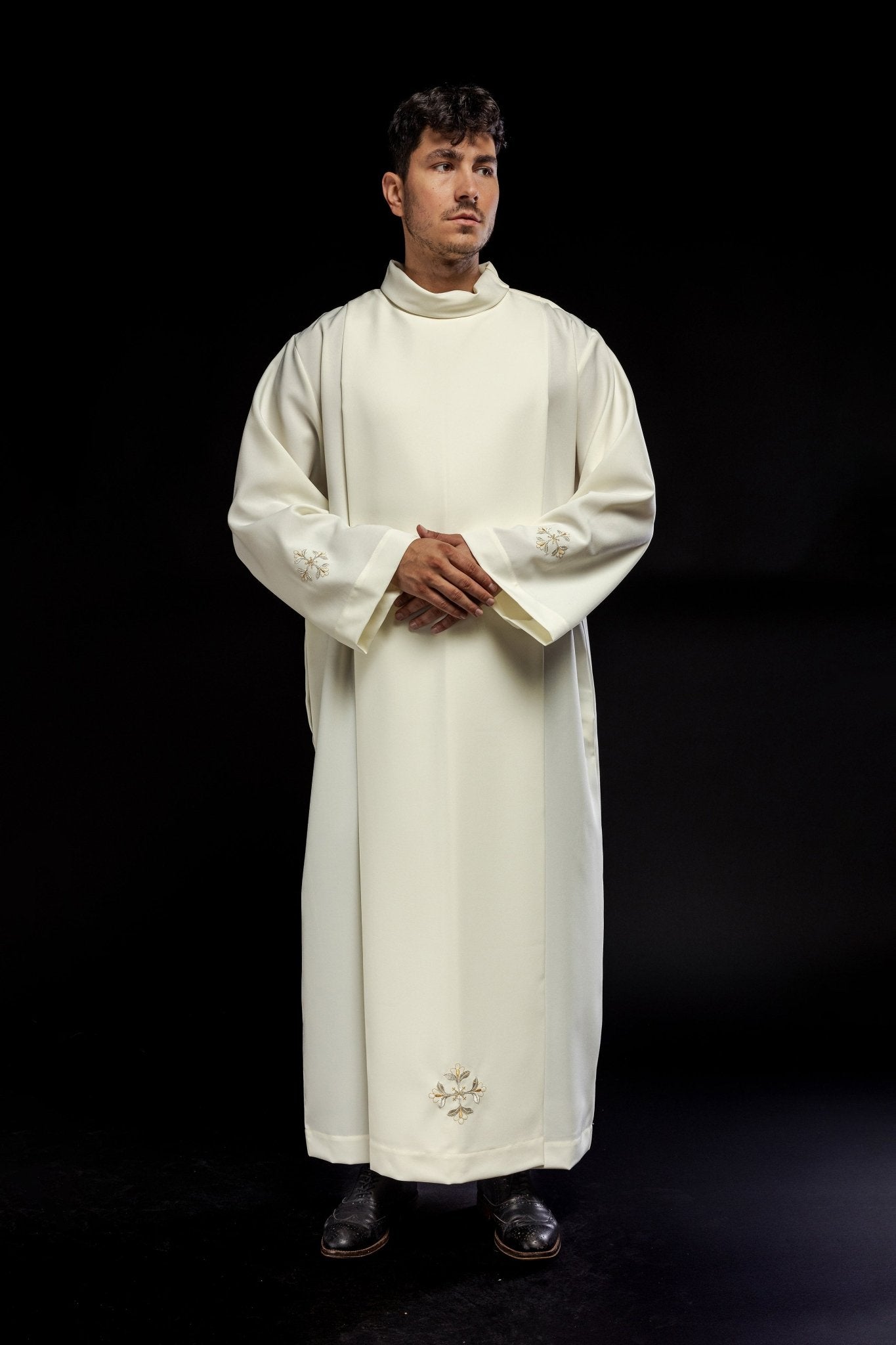 Cream alb with turtleneck and decorated embroidery KAB/006/05/12/M22 135cm/164cm - HAFTINAUSA.COM