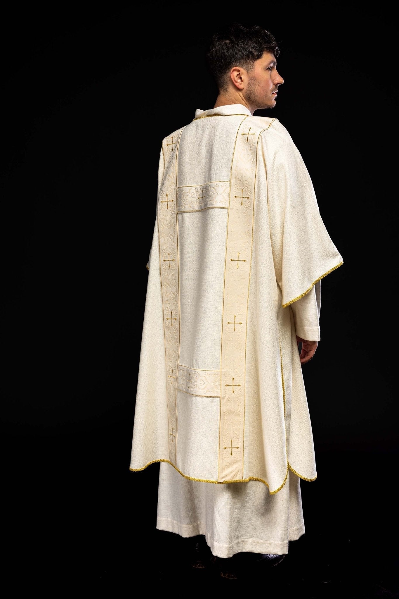 Curtain with velvet stripes and embroidered gold crosses, ecru KDL/395/05/71/B - HAFTINAUSA.COM