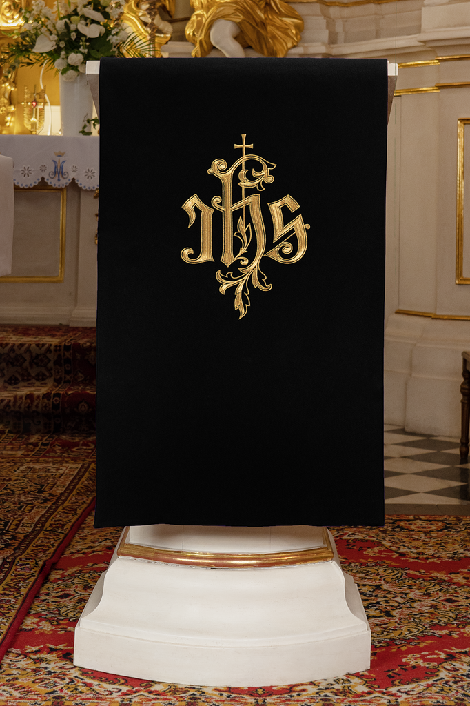 Lectern cover embroidered with IHS symbol in black