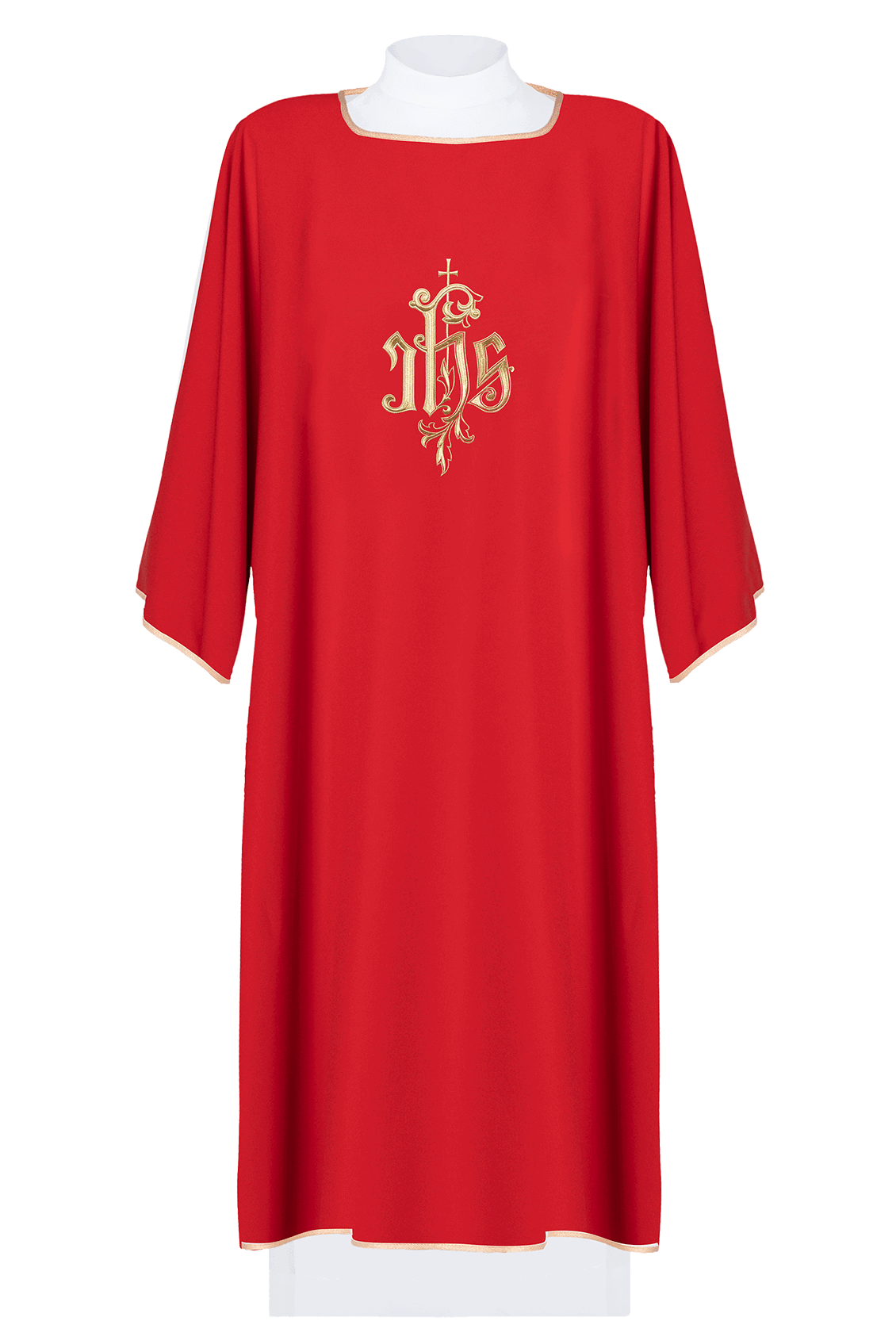 Red dalmatic chasuble with gold IHS