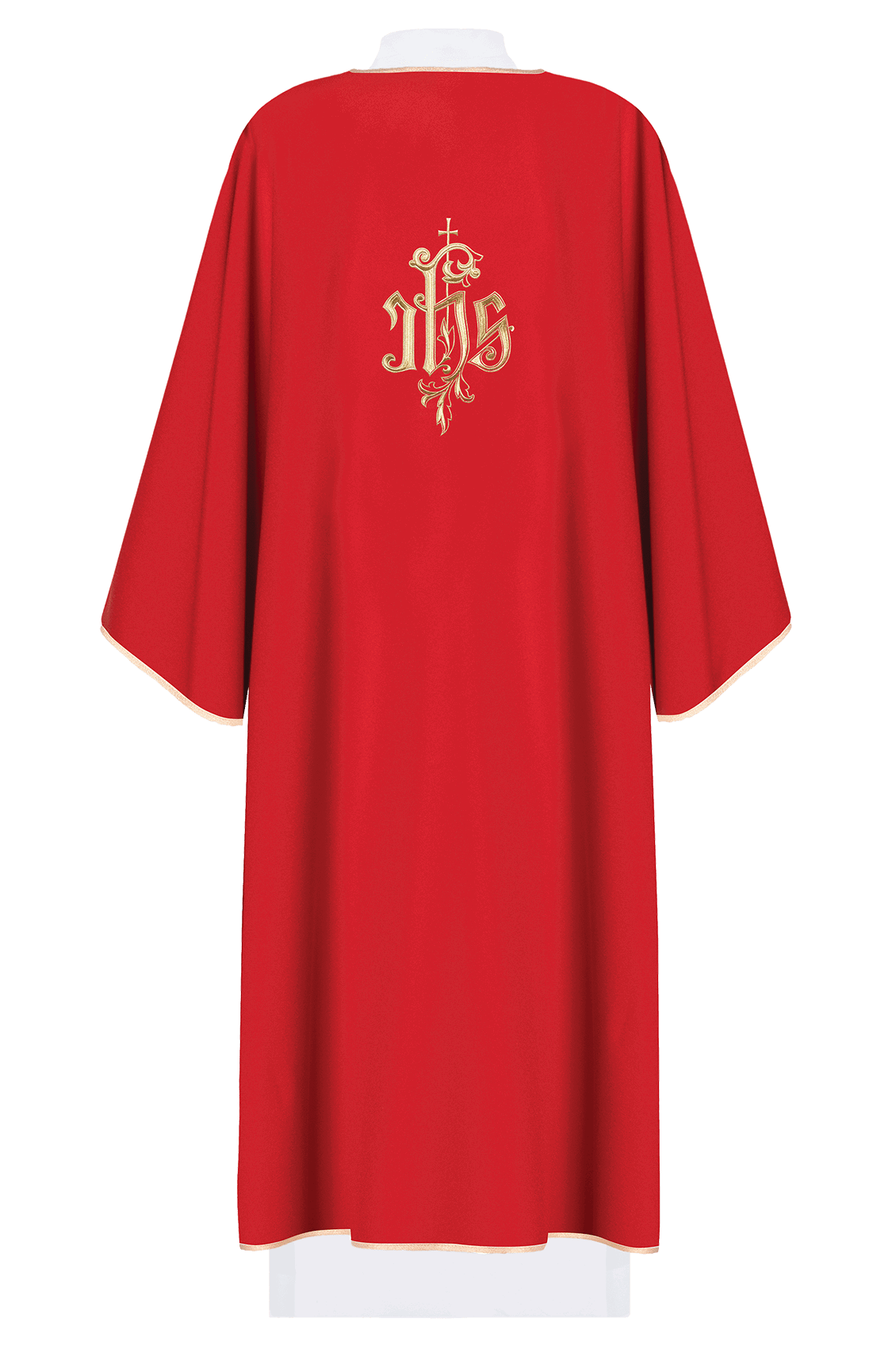 Red dalmatic chasuble with gold IHS