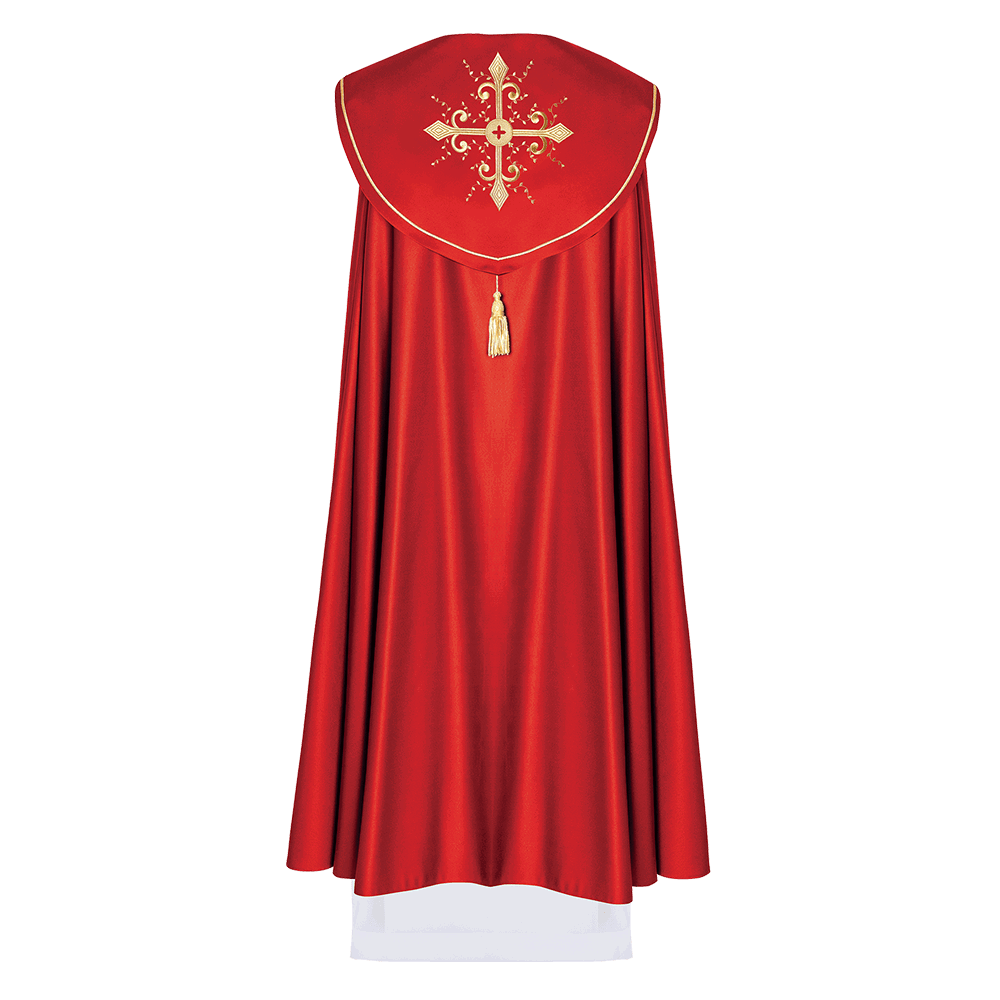 Red church cope with embroidery with gold crosses