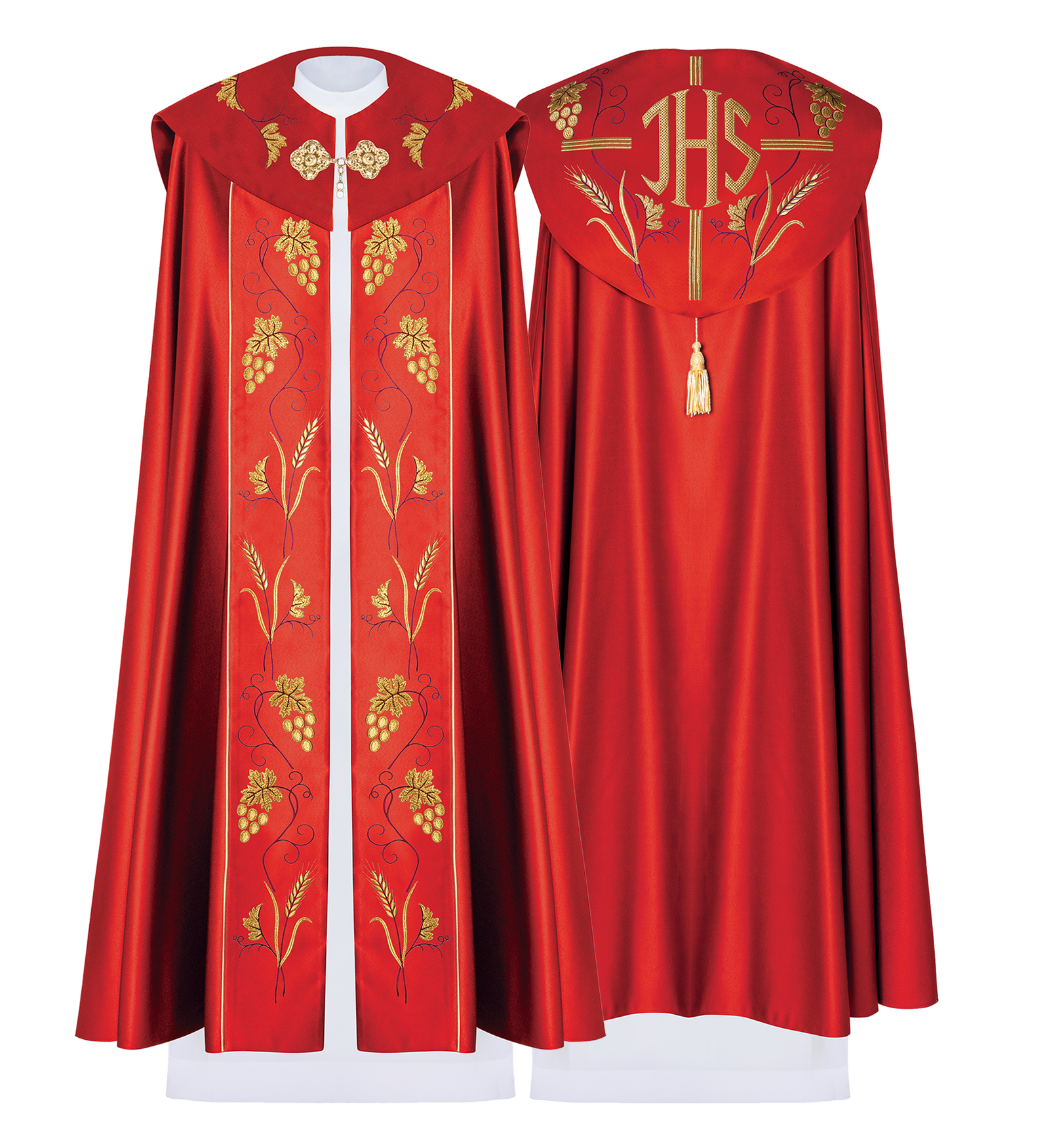 Red Liturgical cope with Gold Embroidery IHS and Grape