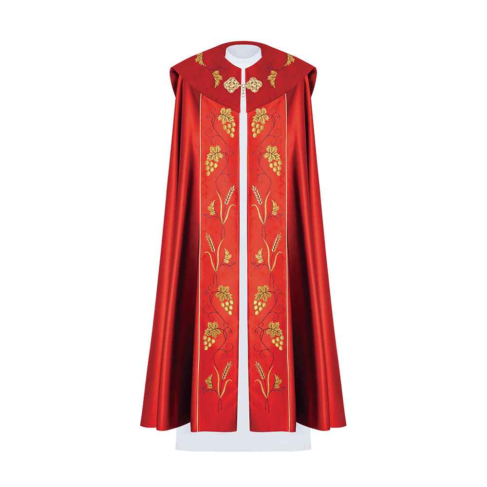 Red Liturgical cope with Gold Embroidery IHS and Grape