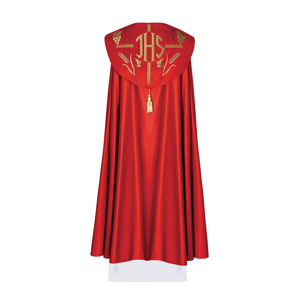 Red Liturgical cope with Gold Embroidery IHS and Grape