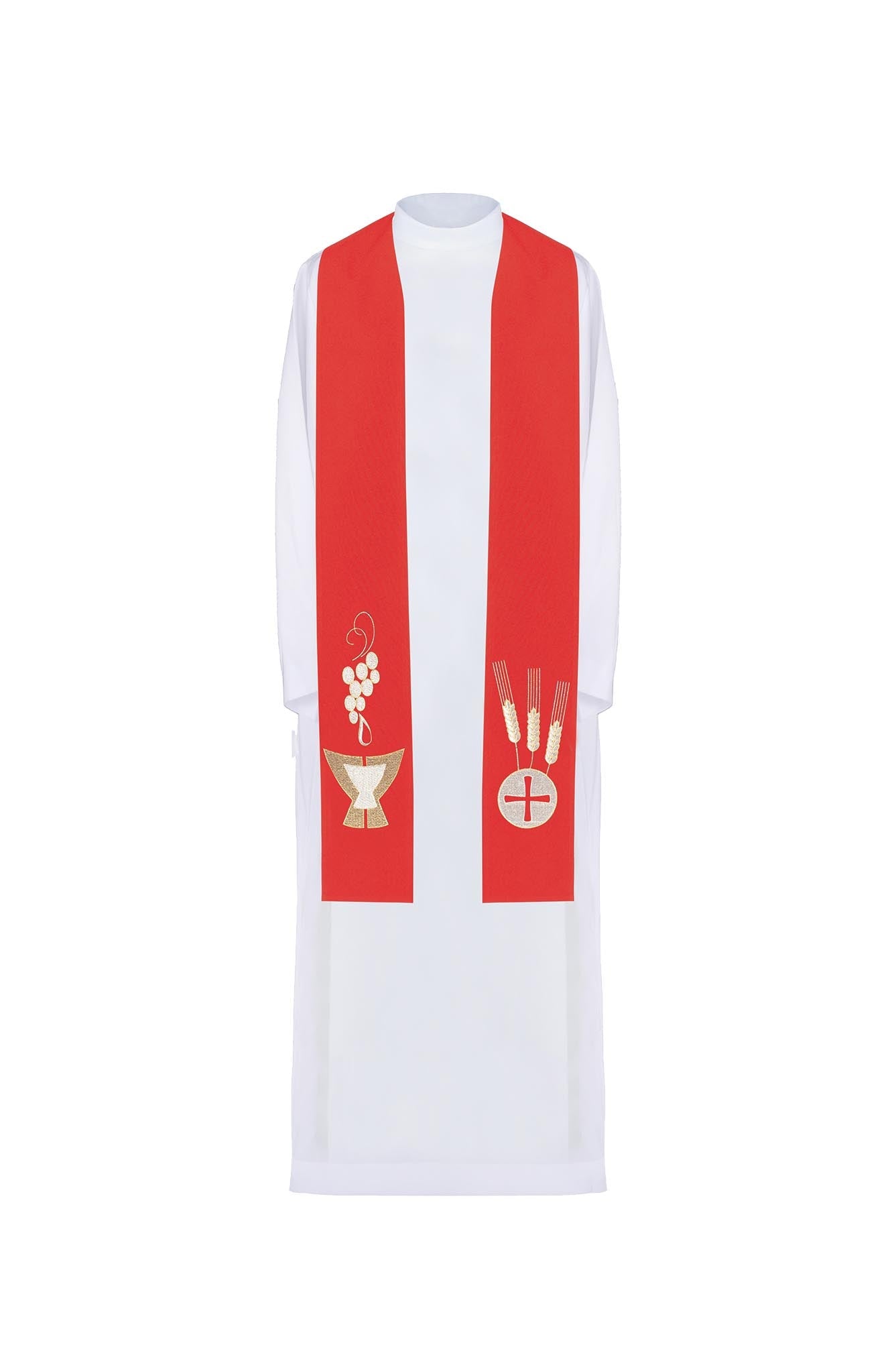 Red priestly stole embroidered with Chalice, Wheat, and Grapes