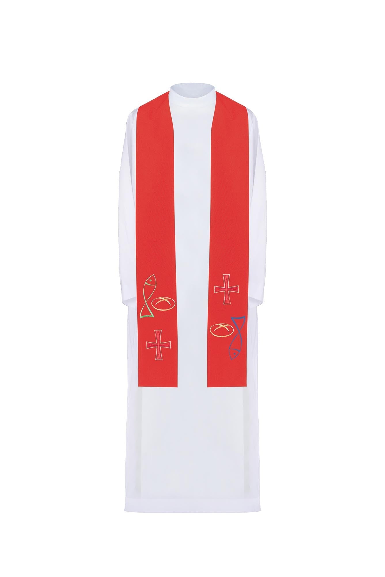 Red priestly stole embroidered with Bread Cross Fish motif - HAFTINAUSA.COM