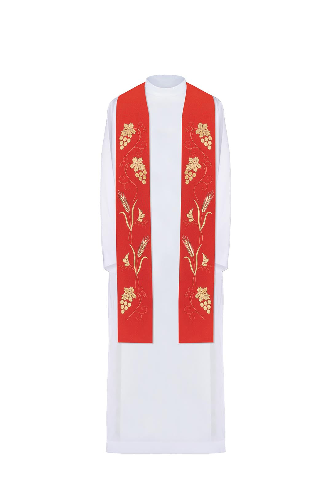 Red priestly stole with grape and wheat embroidery