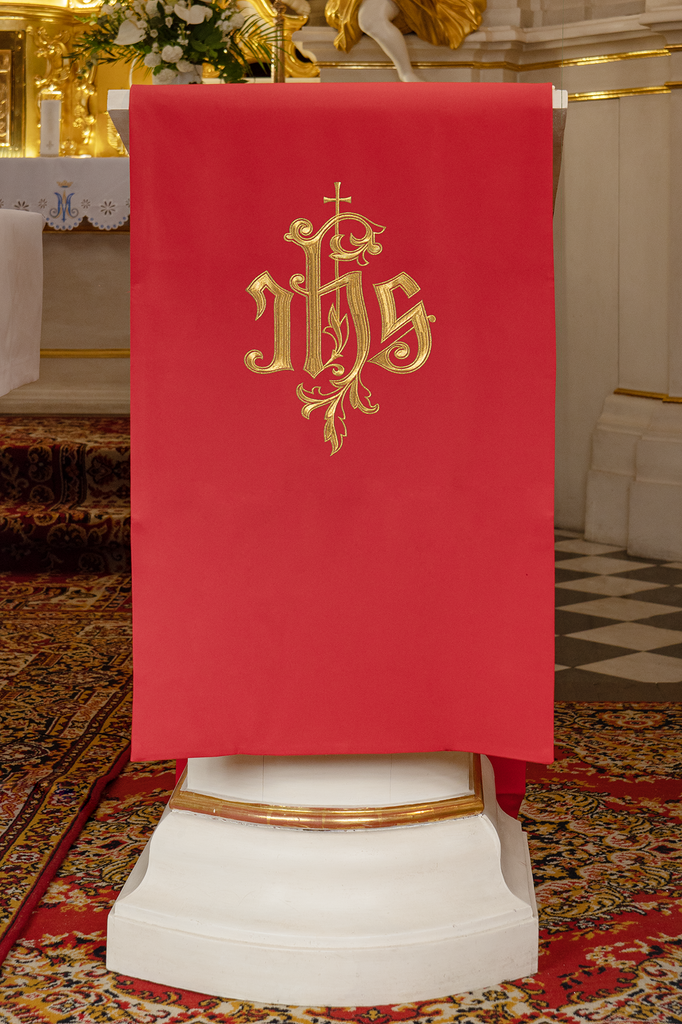 Lectern cover embroidered with IHS symbol in red