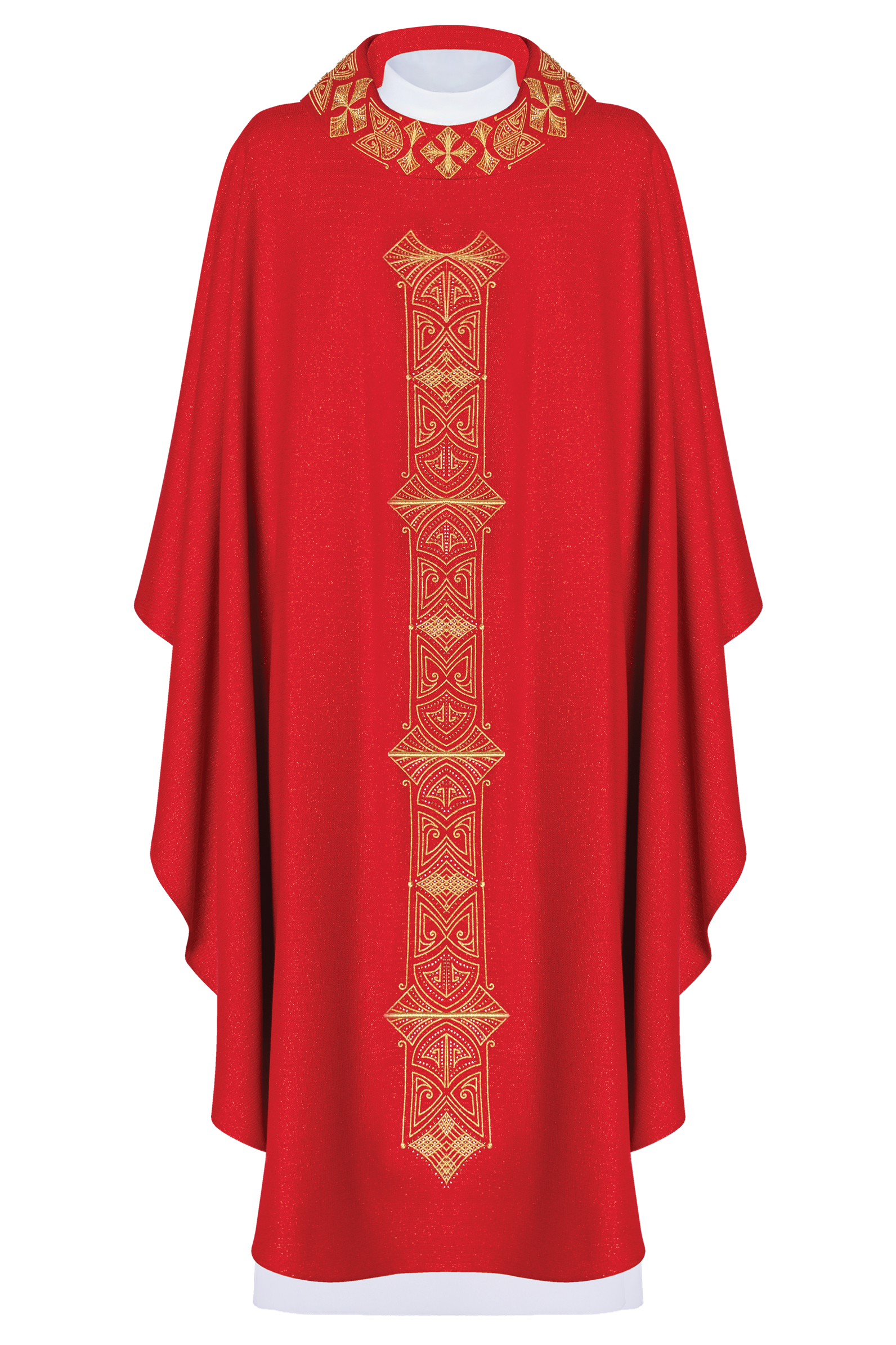 Shiny, richly embroidered red chasuble