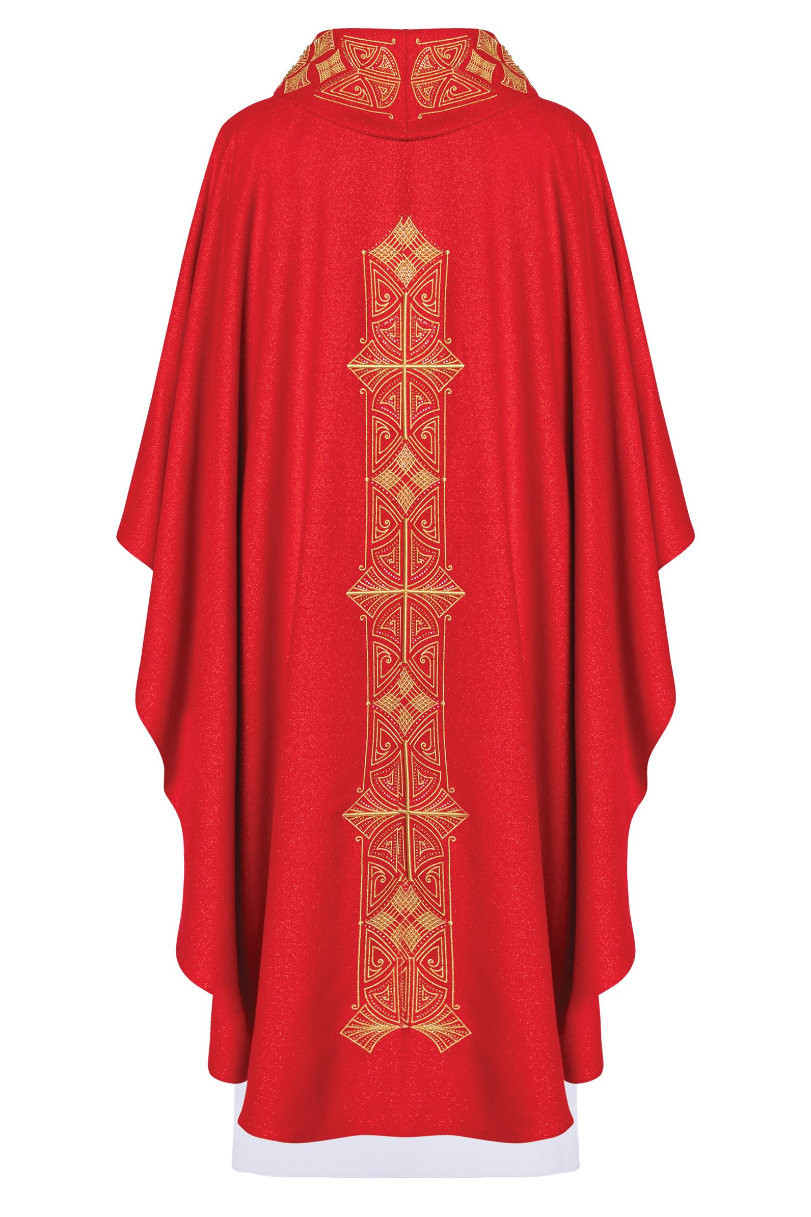 Shiny, richly embroidered red chasuble