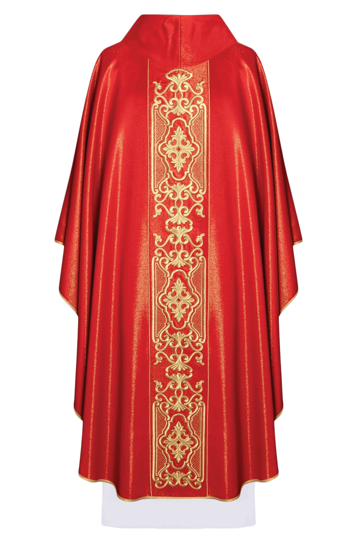 Red chasuble on shiny fabric