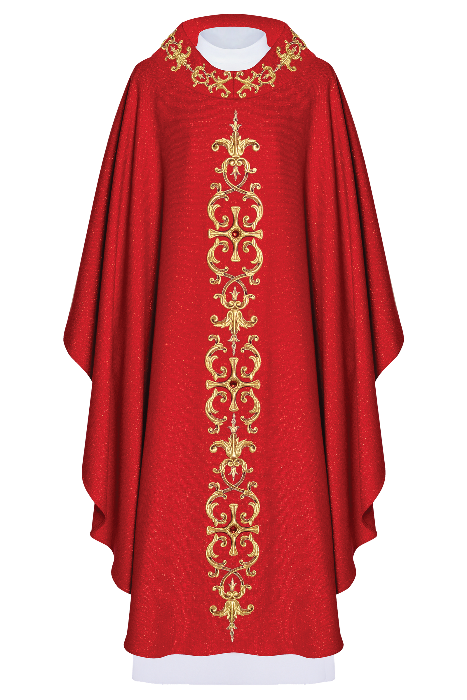 Red chasuble richly embroidered with gemstones