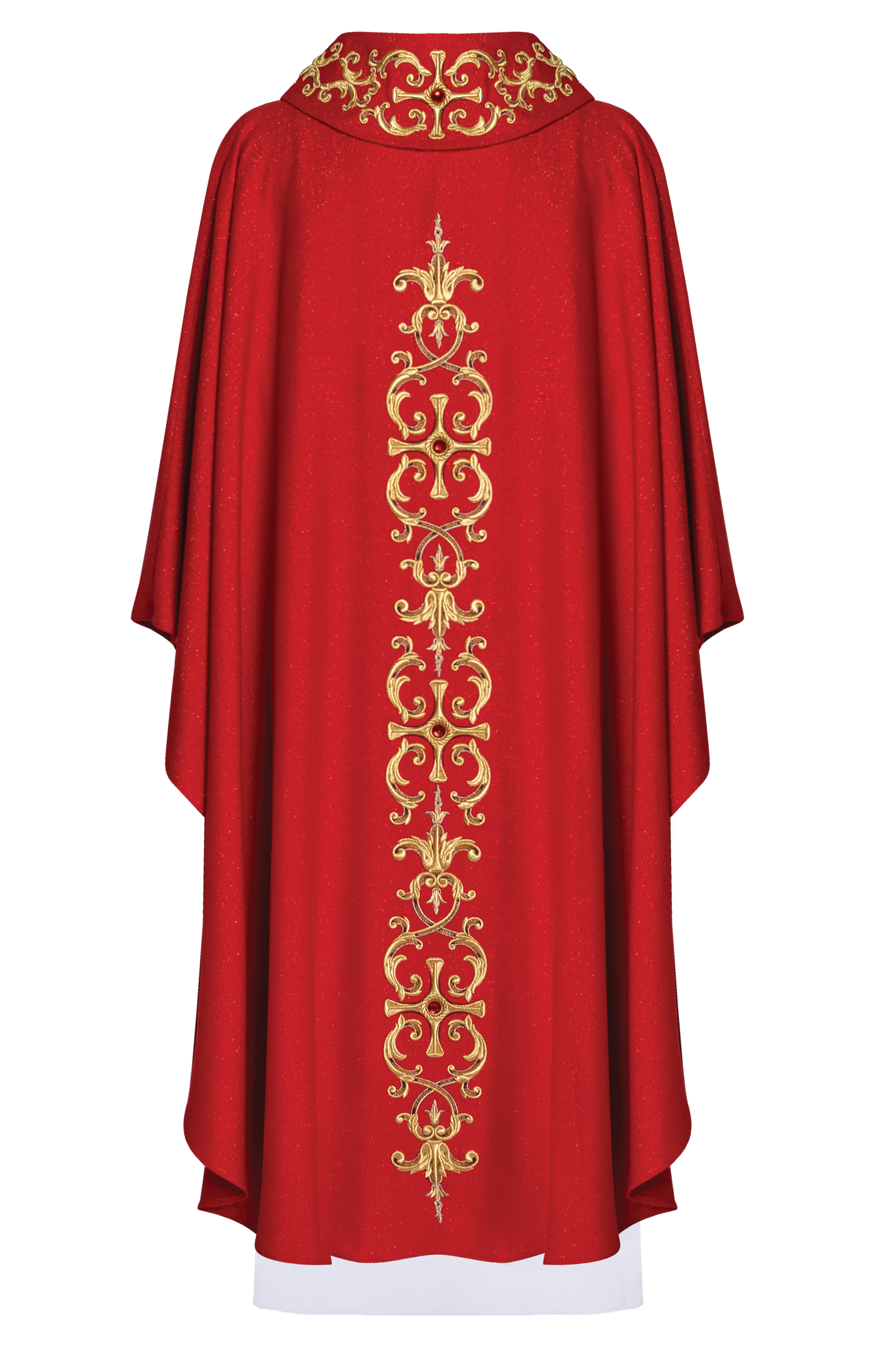 Red chasuble richly embroidered with gemstones