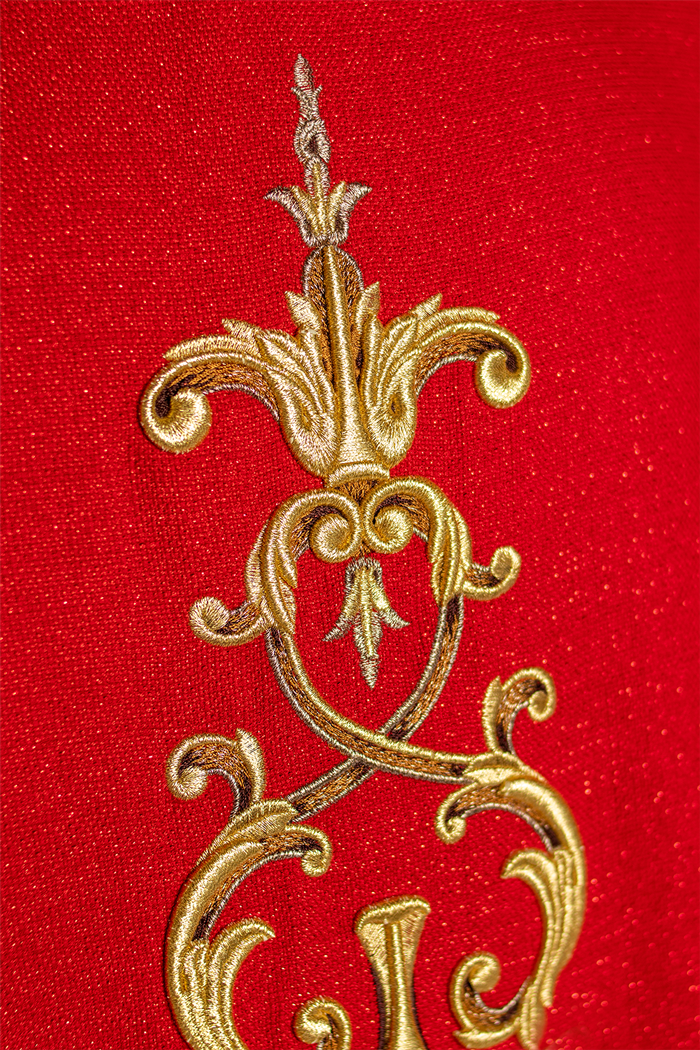 Red chasuble richly embroidered with gemstones