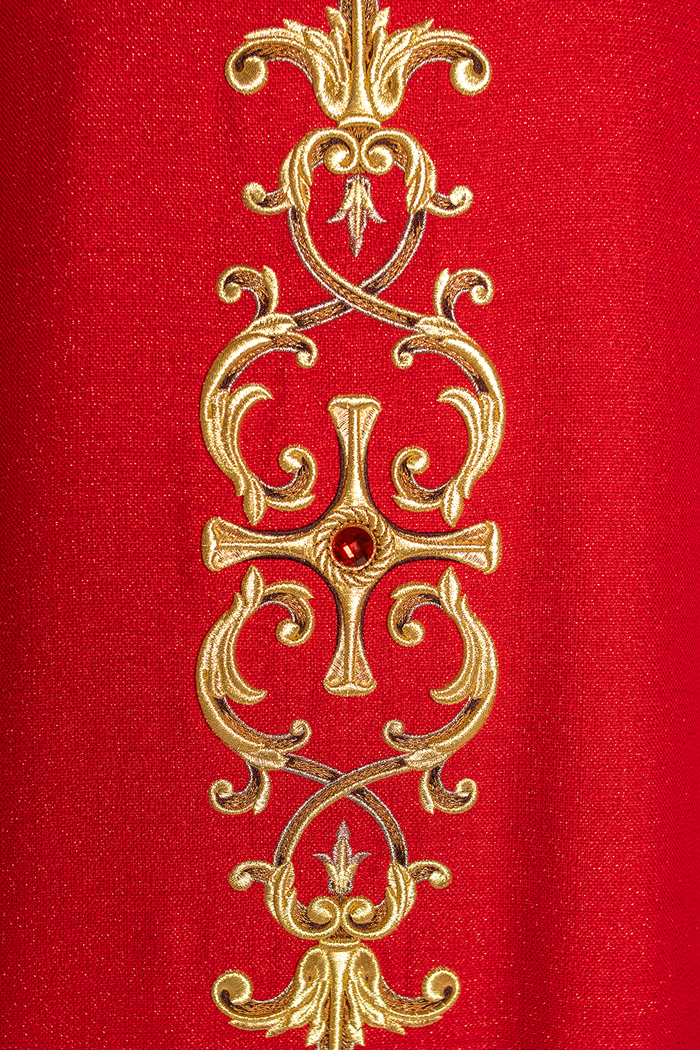 Red chasuble richly embroidered with gemstones